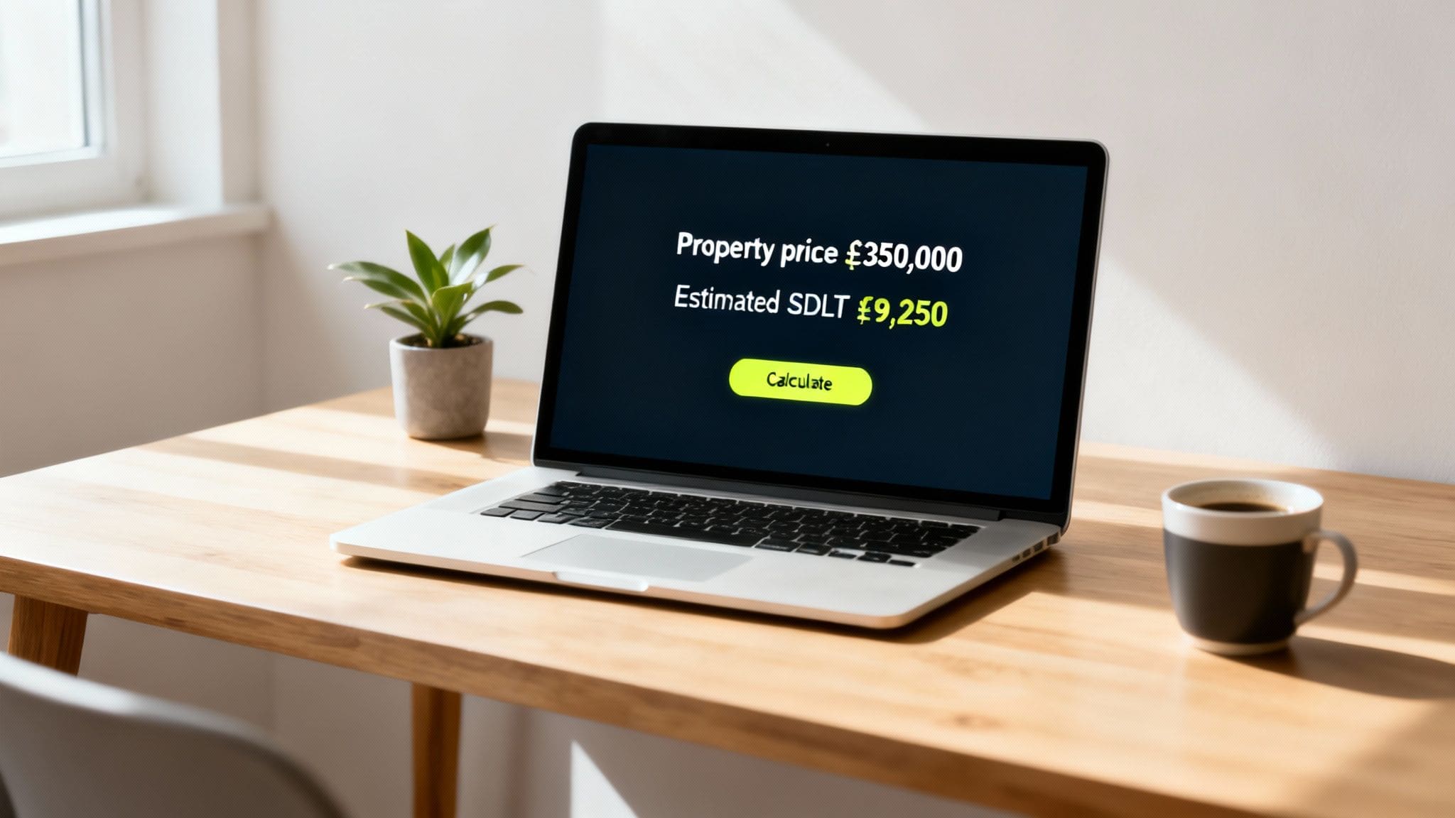Five miniature house models on a table, each with a colored bar showing different property price ranges for Stamp Duty Land Tax calculation