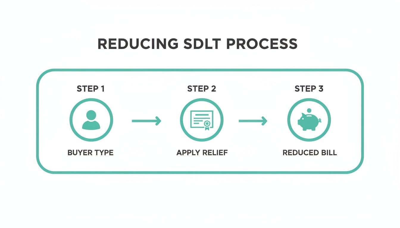 Financial tools including a calculator, ROI document, and a tablet displaying an SDLT spreadsheet for property investment analysis