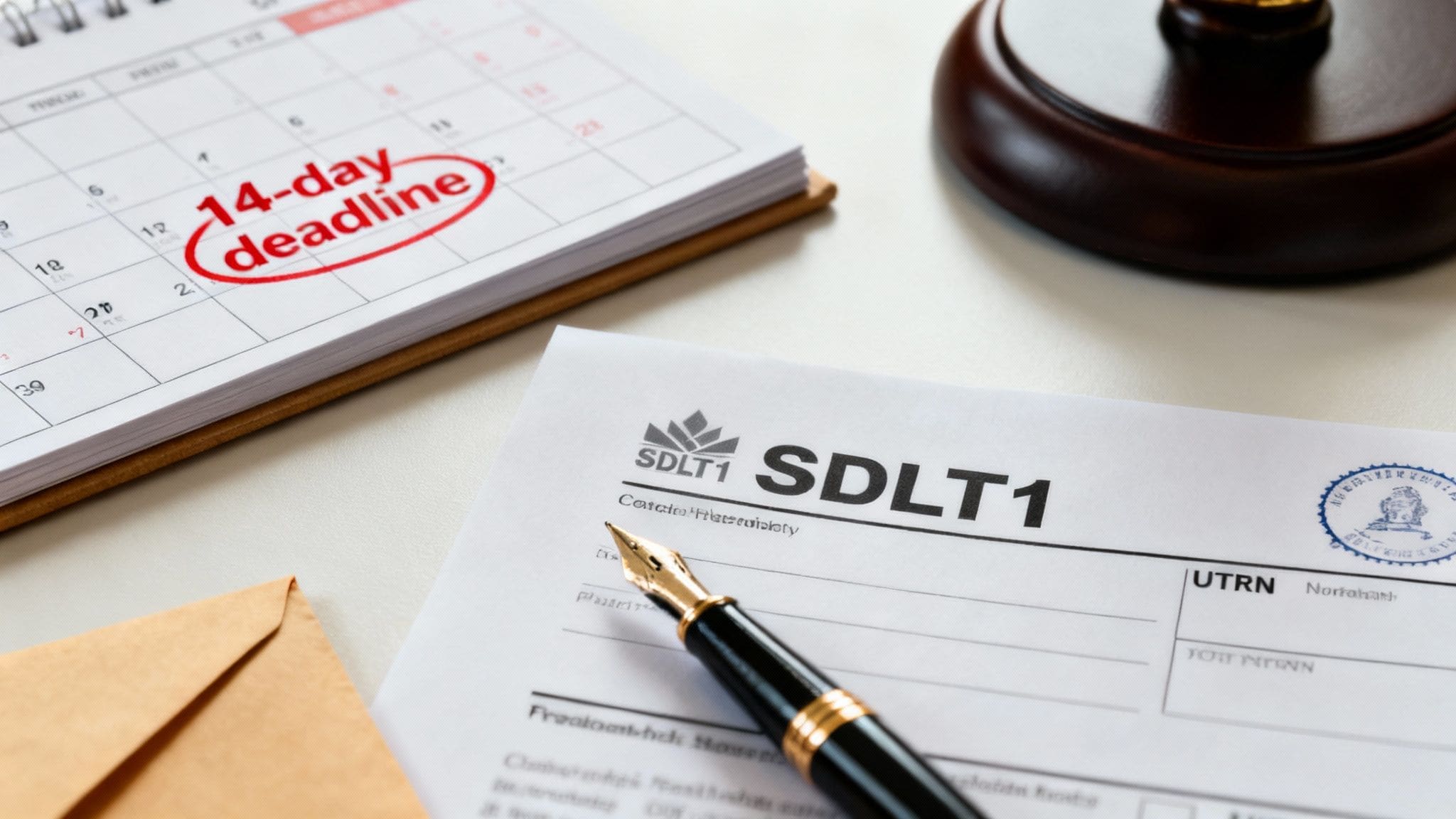 Professional advisor reviewing SDLT documentation with client, calculator and property purchase papers on desk