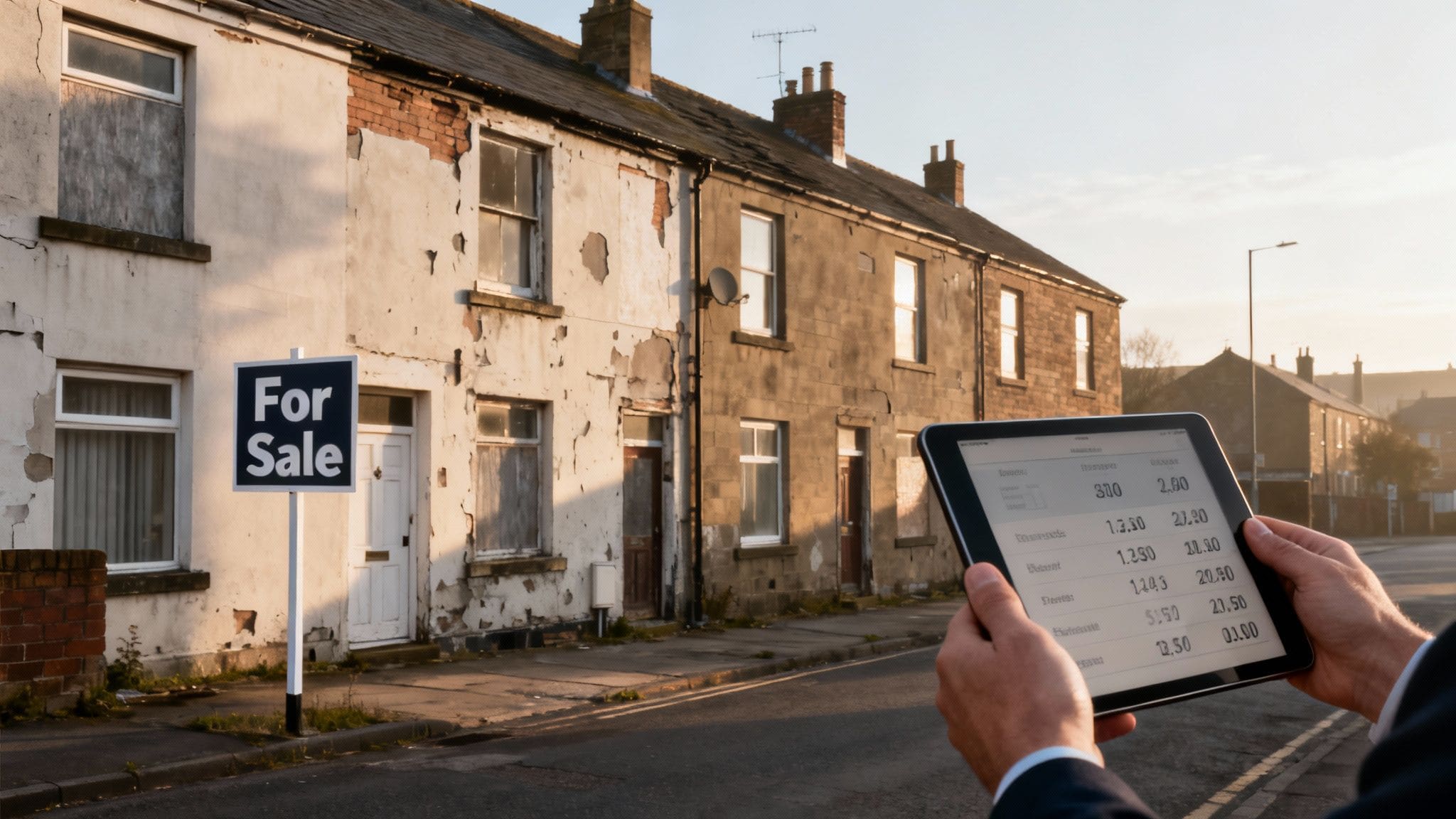 Wooden desk with laptop, blueprints, measuring tape and calculator for house renovation planning