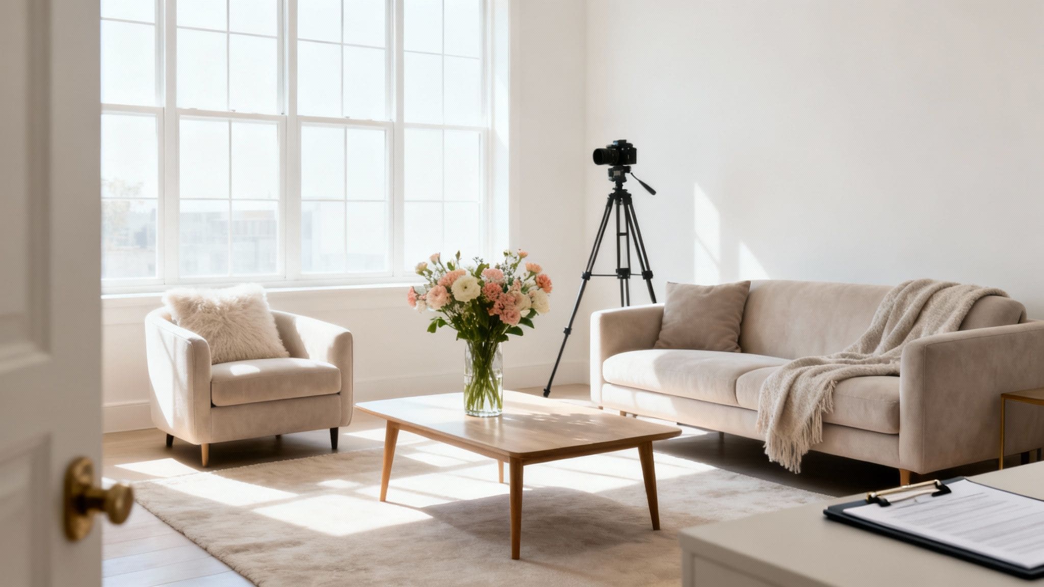 Investor reviewing house flipping questions with financial advisor using calculator and property documents on desk