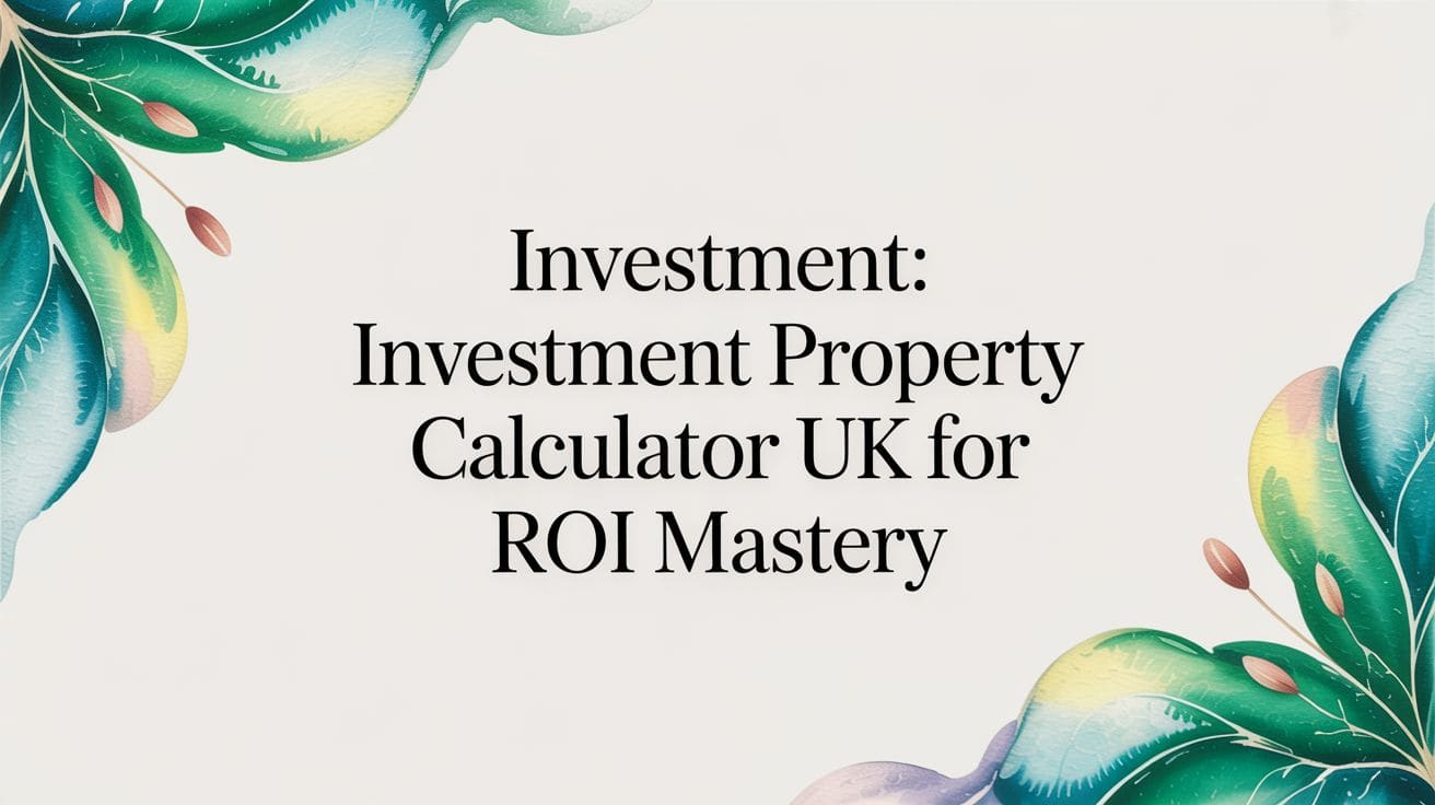 Laptop displaying investment property calculator with calculator, notebook and tea cup on desk overlooking city skyline