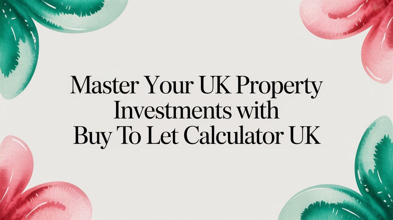 Laptop displaying buy-to-let calculator with financial graphs next to UK map and cup of tea on wooden desk