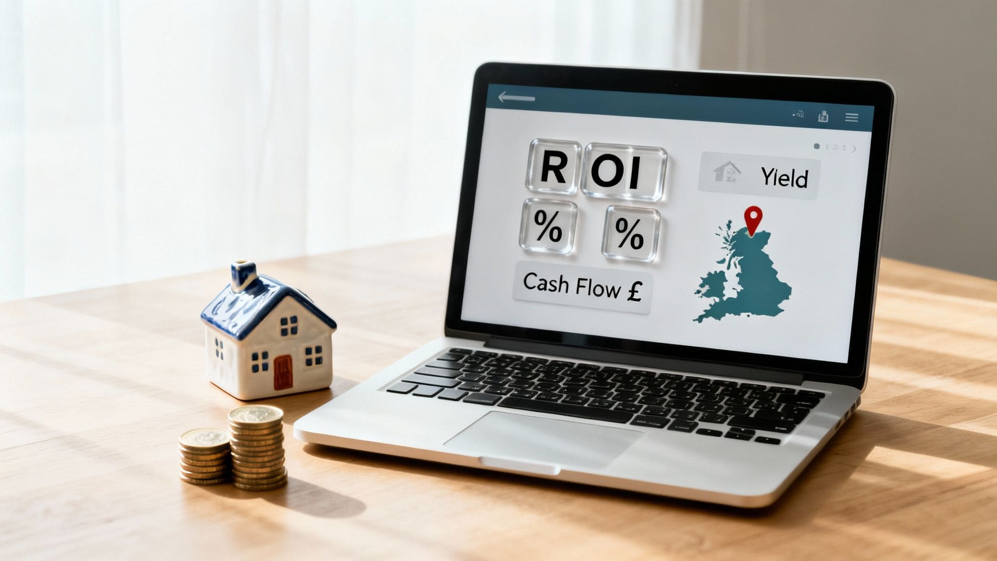 Flowchart diagram showing property investment calculator inputs including purchase costs, financing terms and operational expenses