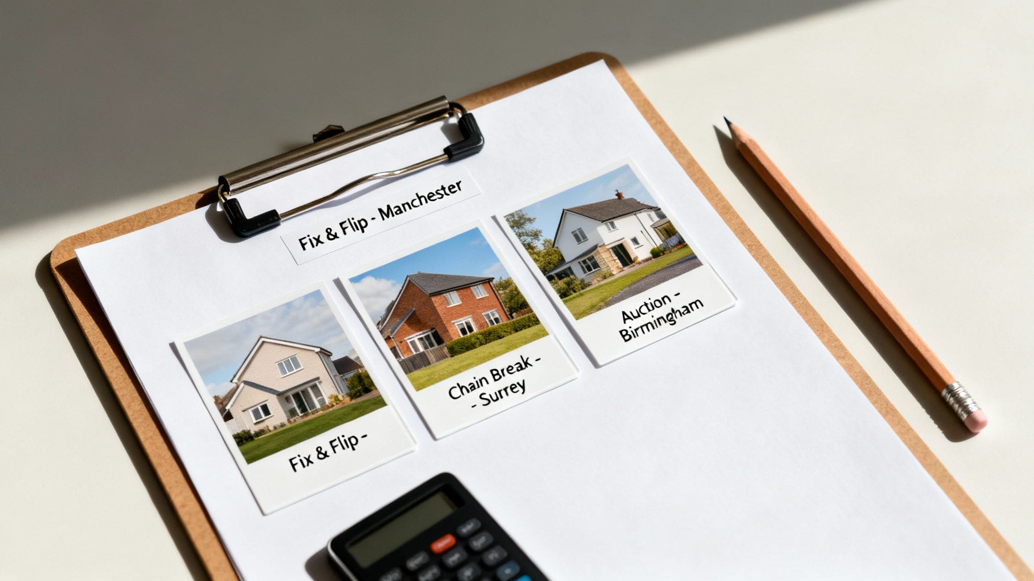 Professional property investment workspace showing bridging loan documentation, financial calculator and property analysis tools