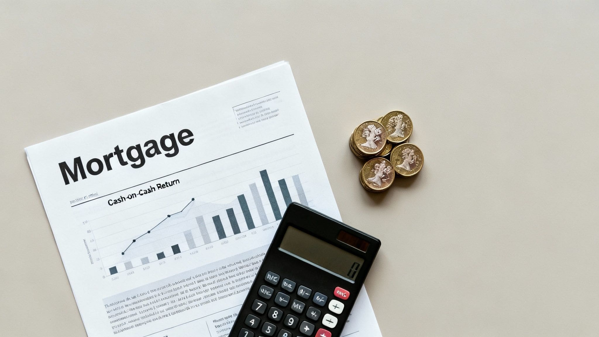 Mortgage document with cash-on-cash return chart, calculator and gold coins showing property finance calculations