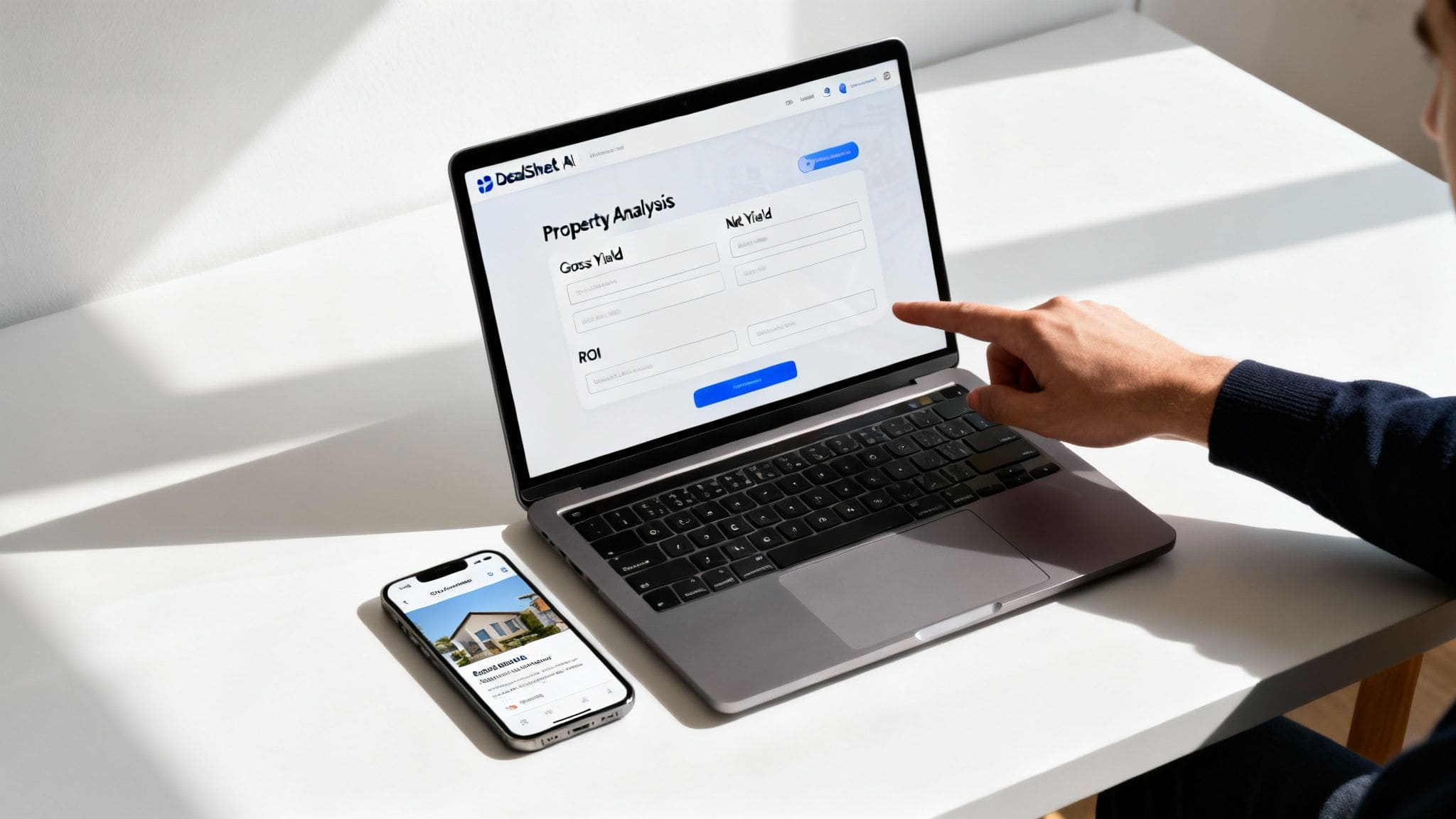 Person pointing at laptop screen displaying property analysis tool with yield and ROI calculations and financial metrics