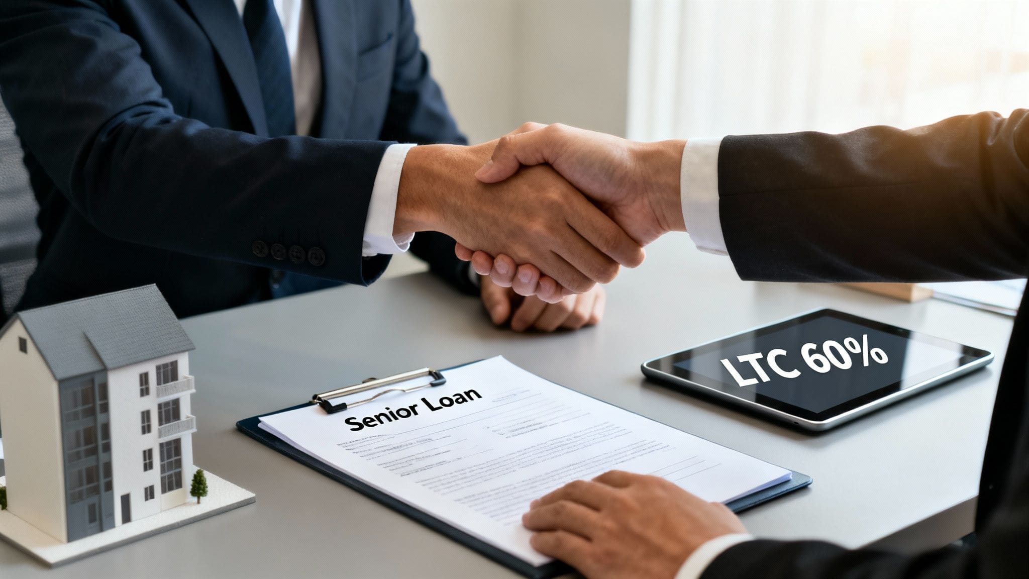 Two businessmen in suits shaking hands over a property development loan agreement document with house model and tablet on desk