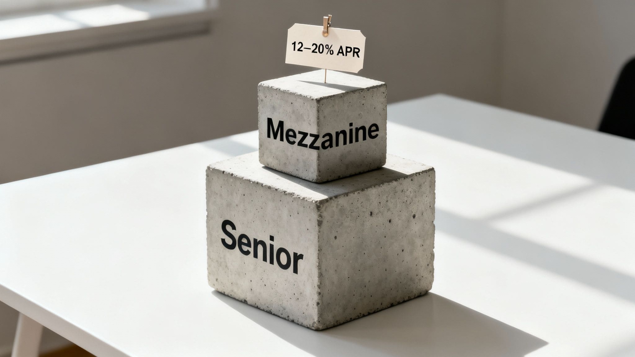 Concrete building blocks stacked to represent Senior and Mezzanine finance tiers with a sign showing 12-20% APR interest rate