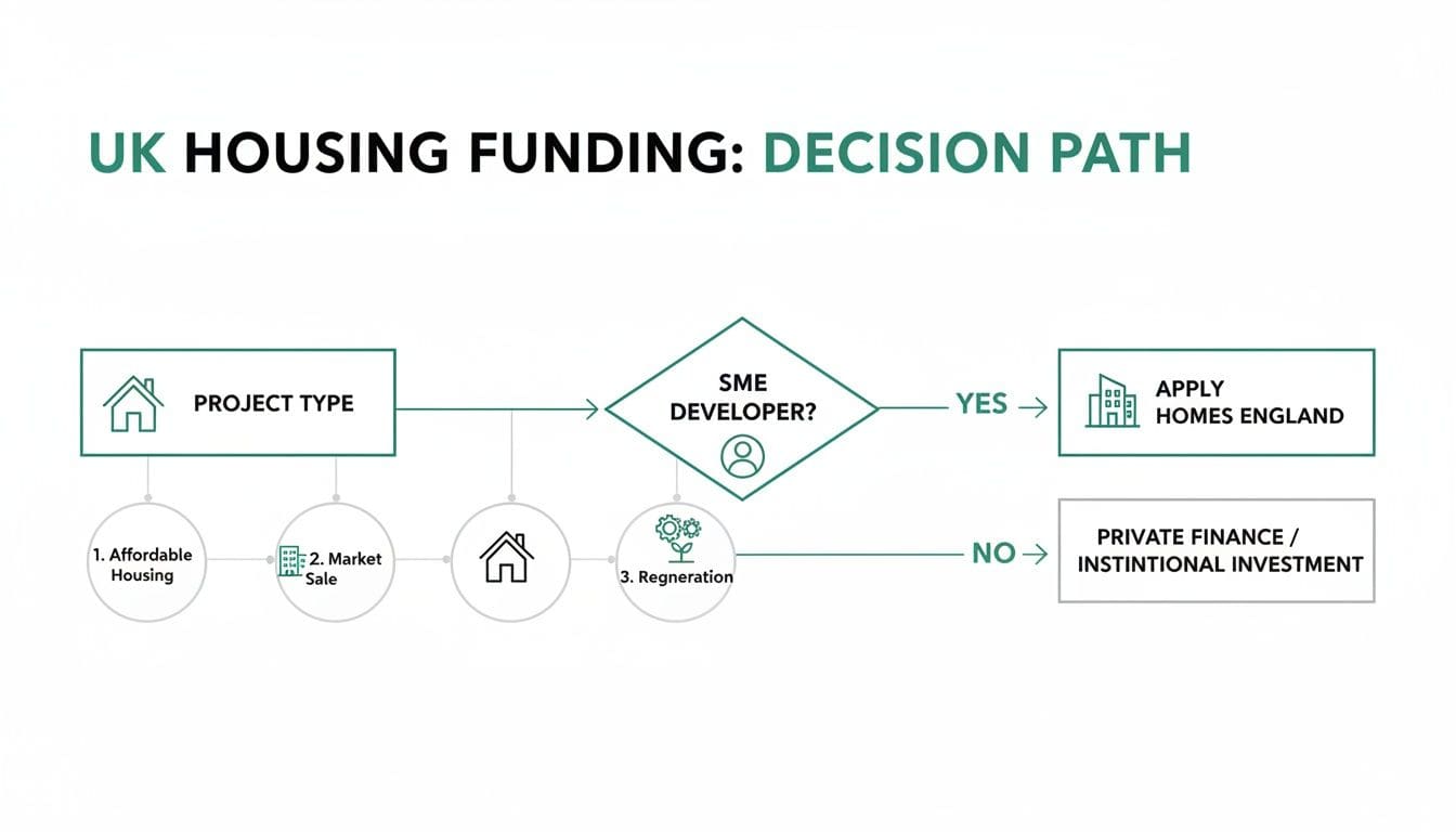 Flowchart diagram showing UK housing funding decision paths for property developers based on project type and scale