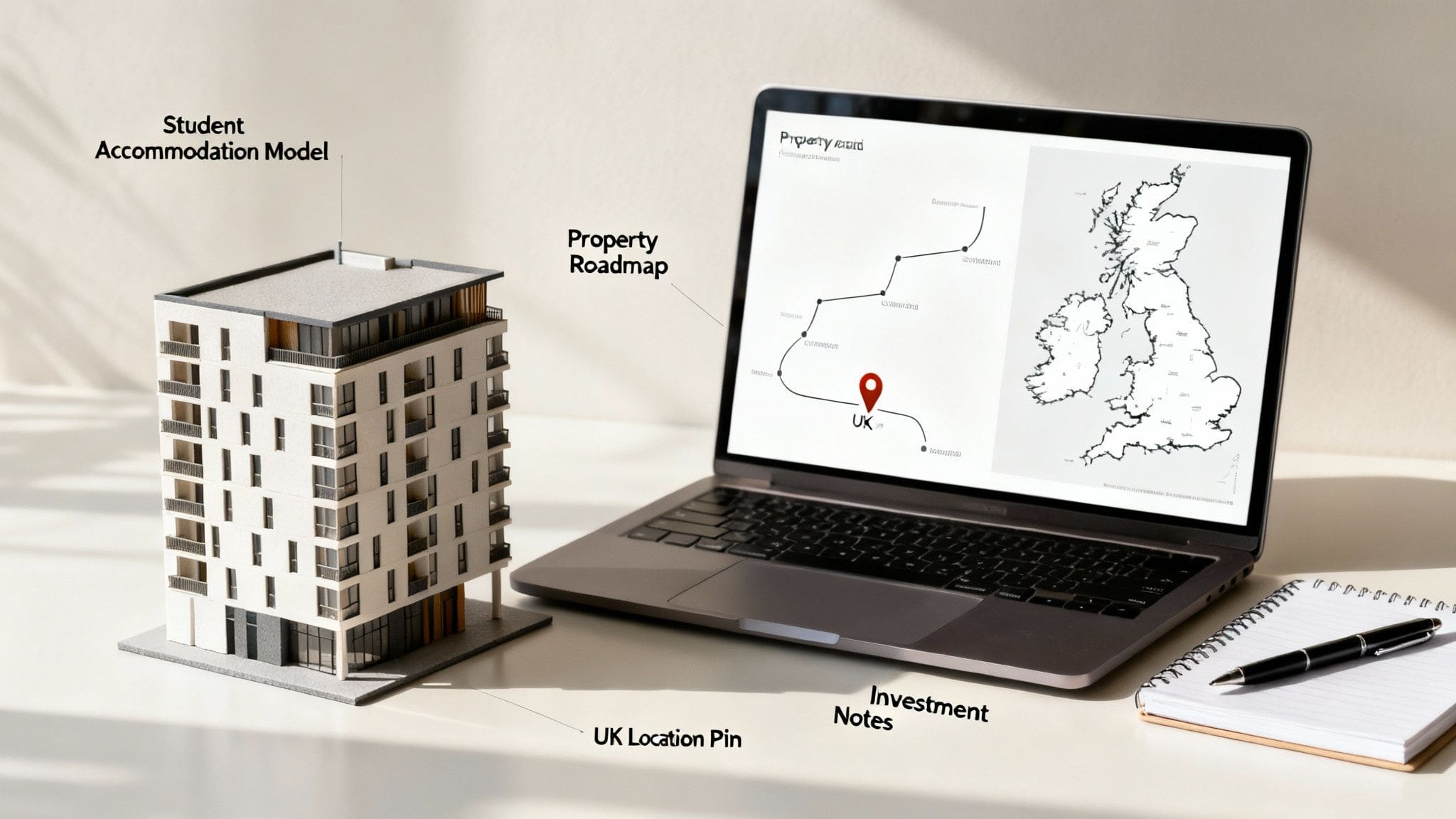 Modern desk setup with student accommodation property model, laptop displaying UK property investment roadmap, and detailed investment notes