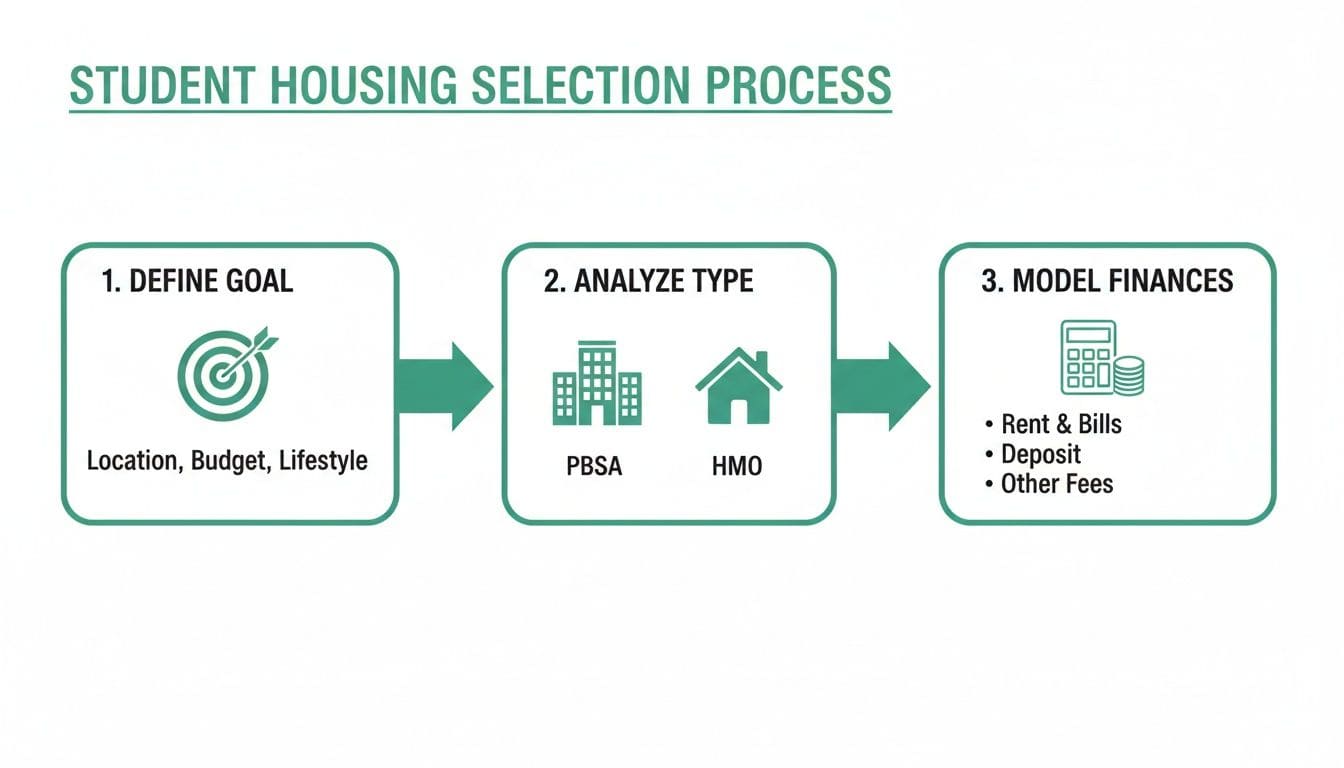 Detailed flowchart showing three-step student housing selection process covering investment goals, property types, and financial analysis