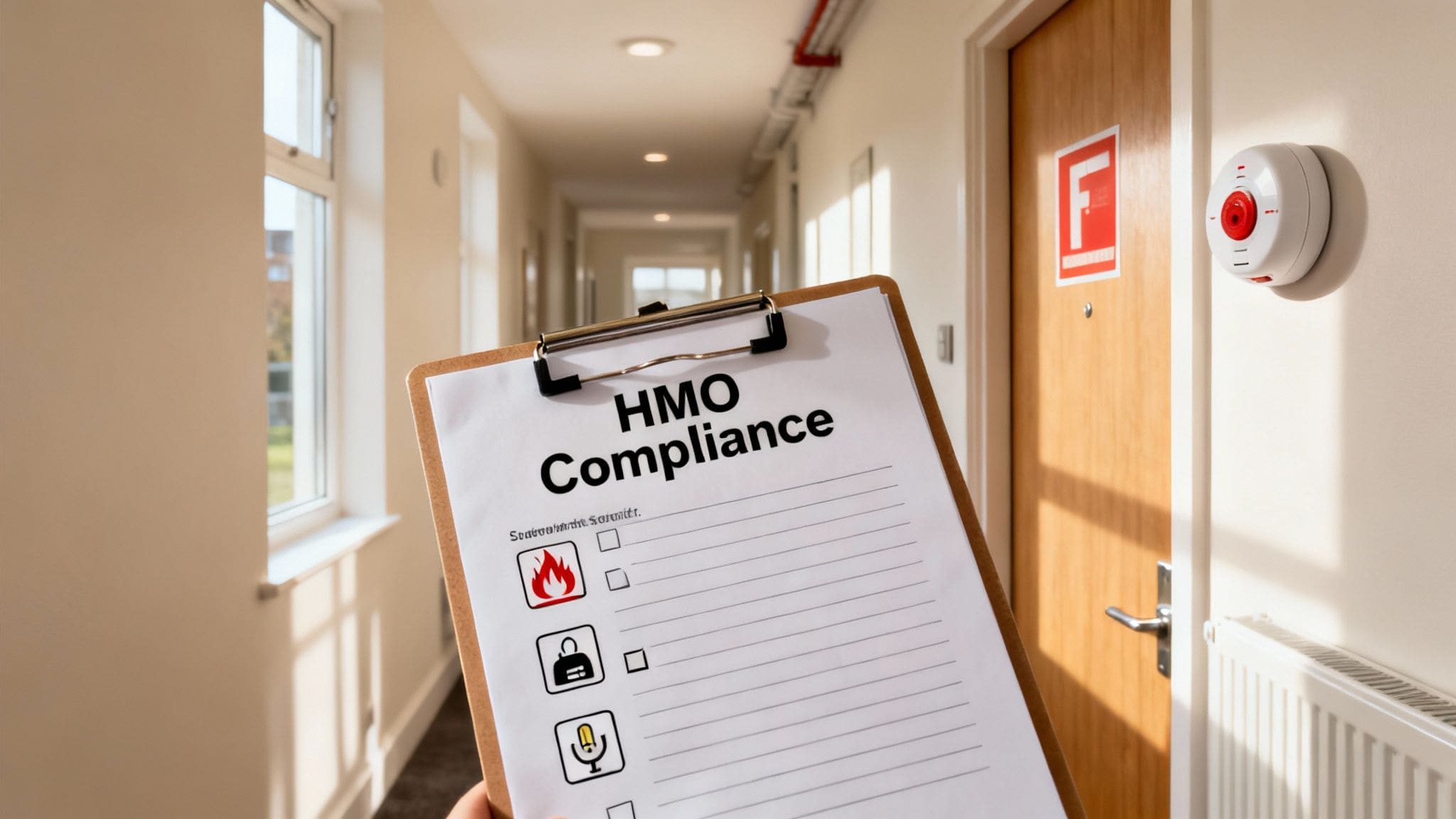 Professional inspector holding clipboard with HMO compliance checklist standing in property hallway conducting safety inspection