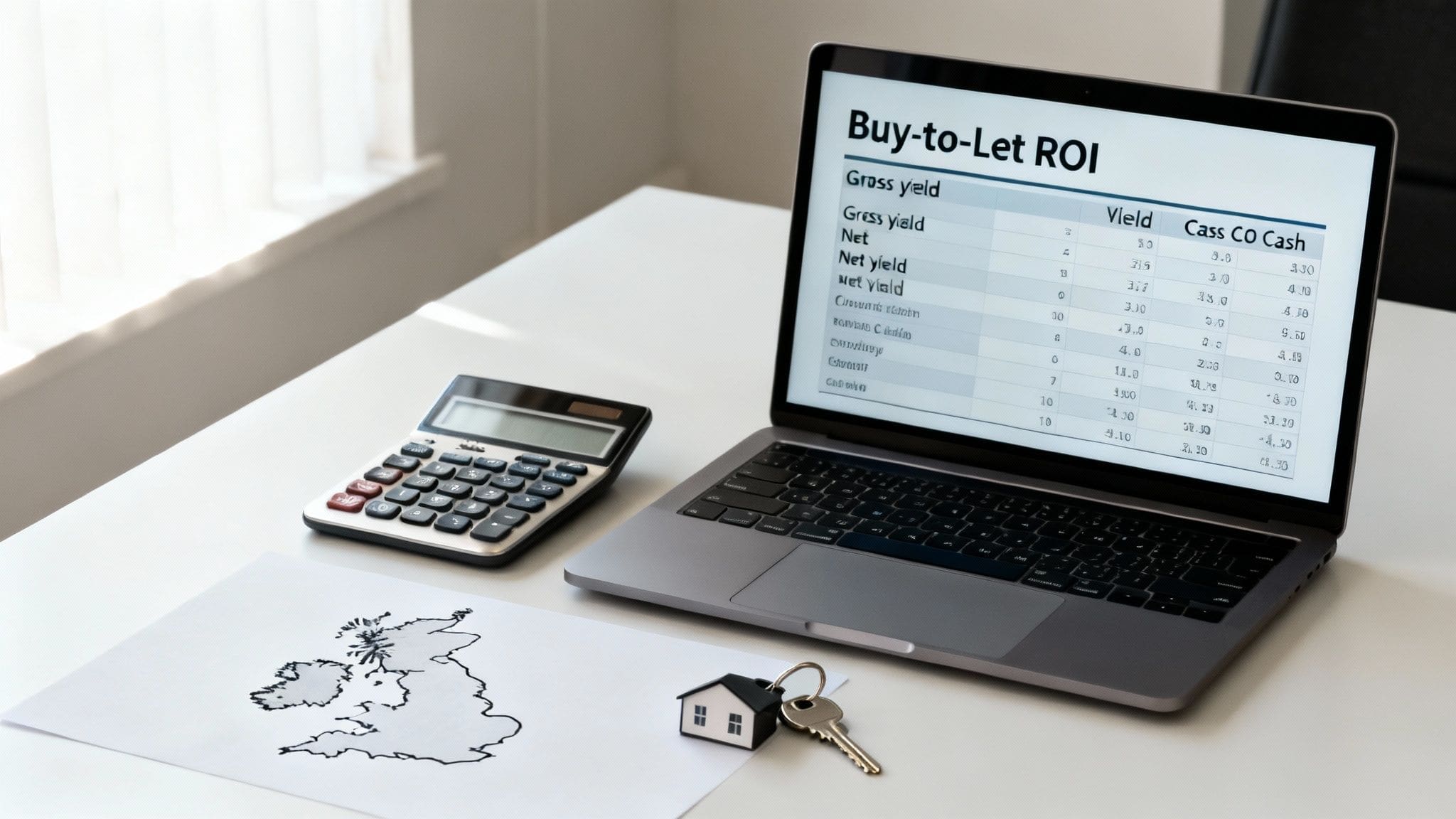 Laptop displaying buy-to-let ROI spreadsheet with calculator, UK property map, and house keys for real estate investment analysis
