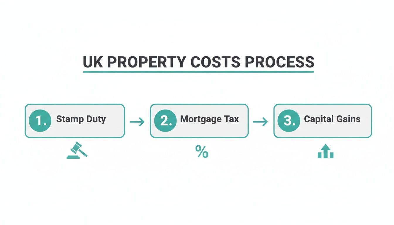 Flowchart diagram illustrating UK property costs process including Stamp Duty, mortgage tax relief, and Capital Gains Tax considerations