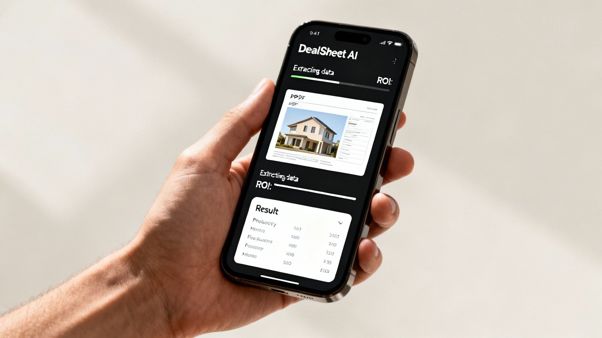 Hand holding smartphone displaying DealSheet AI app interface extracting property listing data with instant ROI calculation results