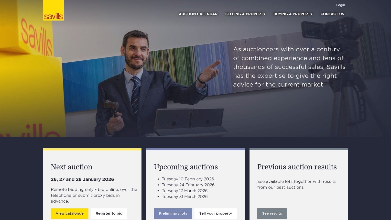 Savills Property Auctions homepage showing auction calendar and featured property listings with search filters