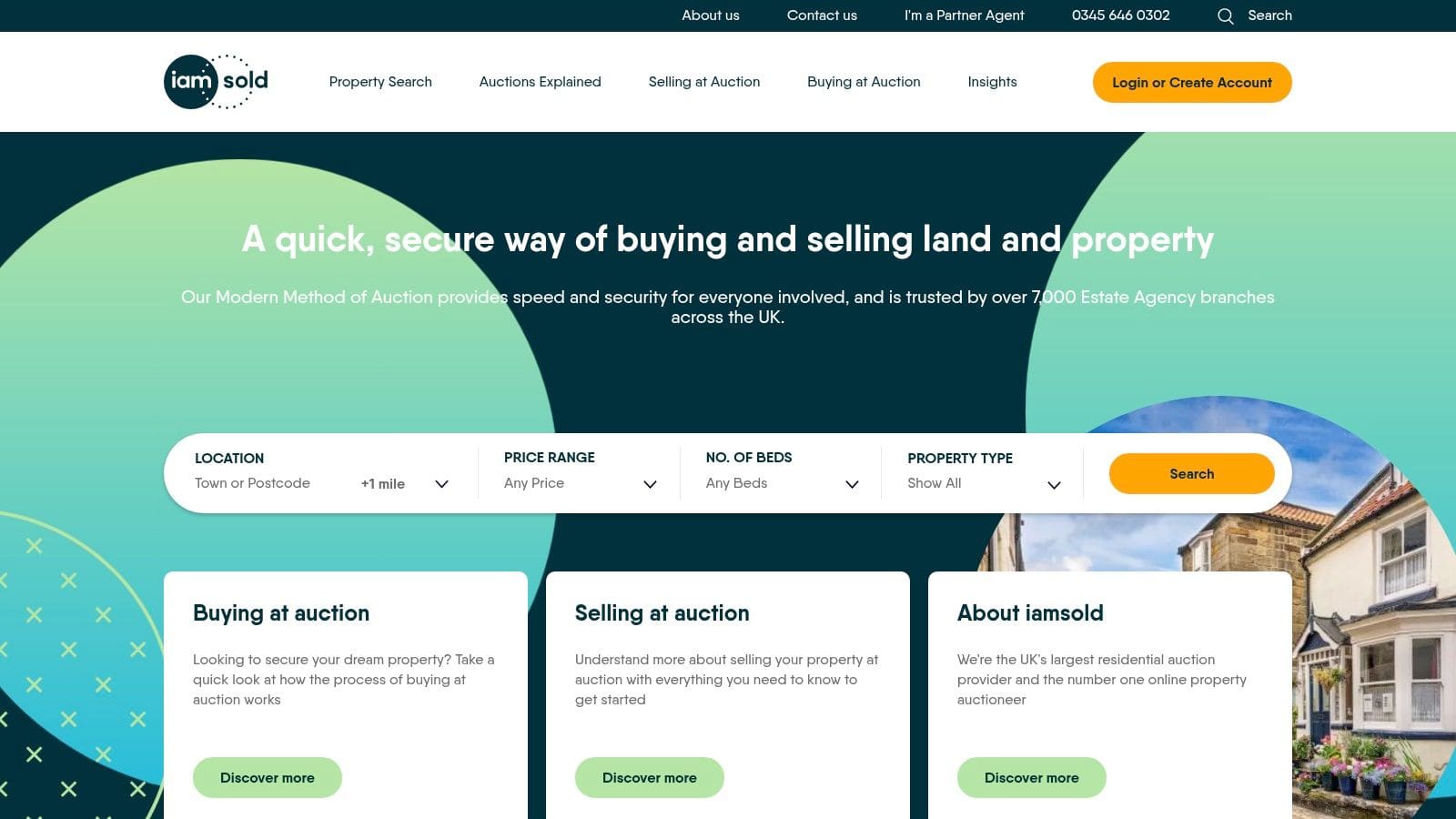 iamproperty iamsold platform homepage showing Modern Method of Auction listings with timed online bidding and nationwide agent network