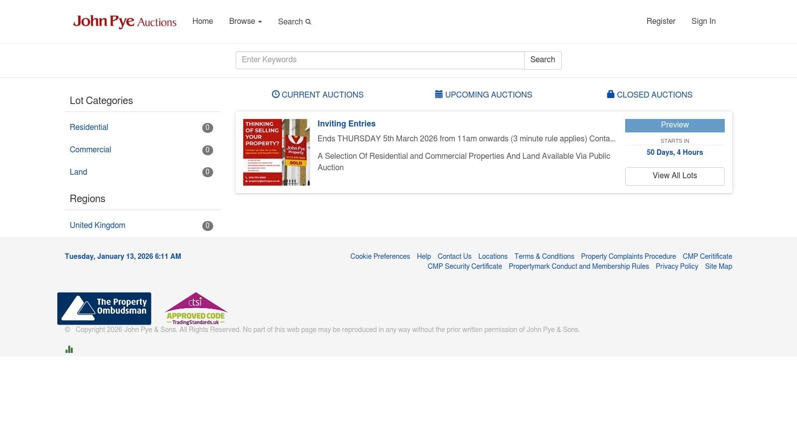 John Pye Property online auction platform showing digital-only bidding with anti-sniping rules and UK-wide property listings