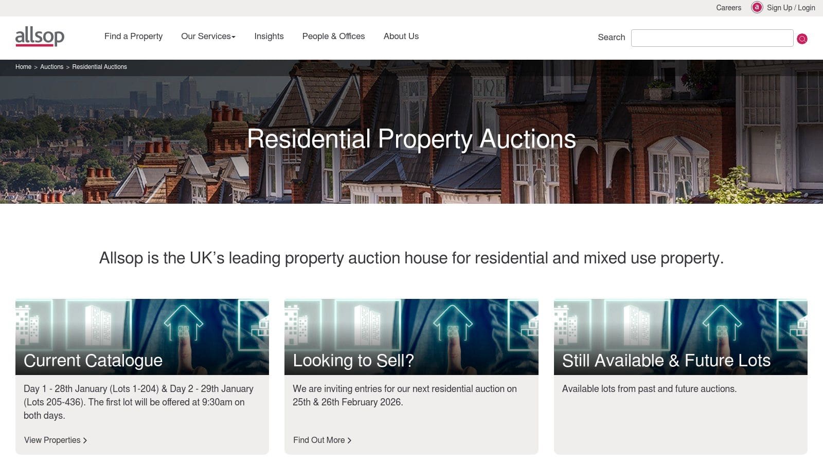 Allsop Auctions property listings page displaying residential and commercial auction lots with guide prices and viewing details