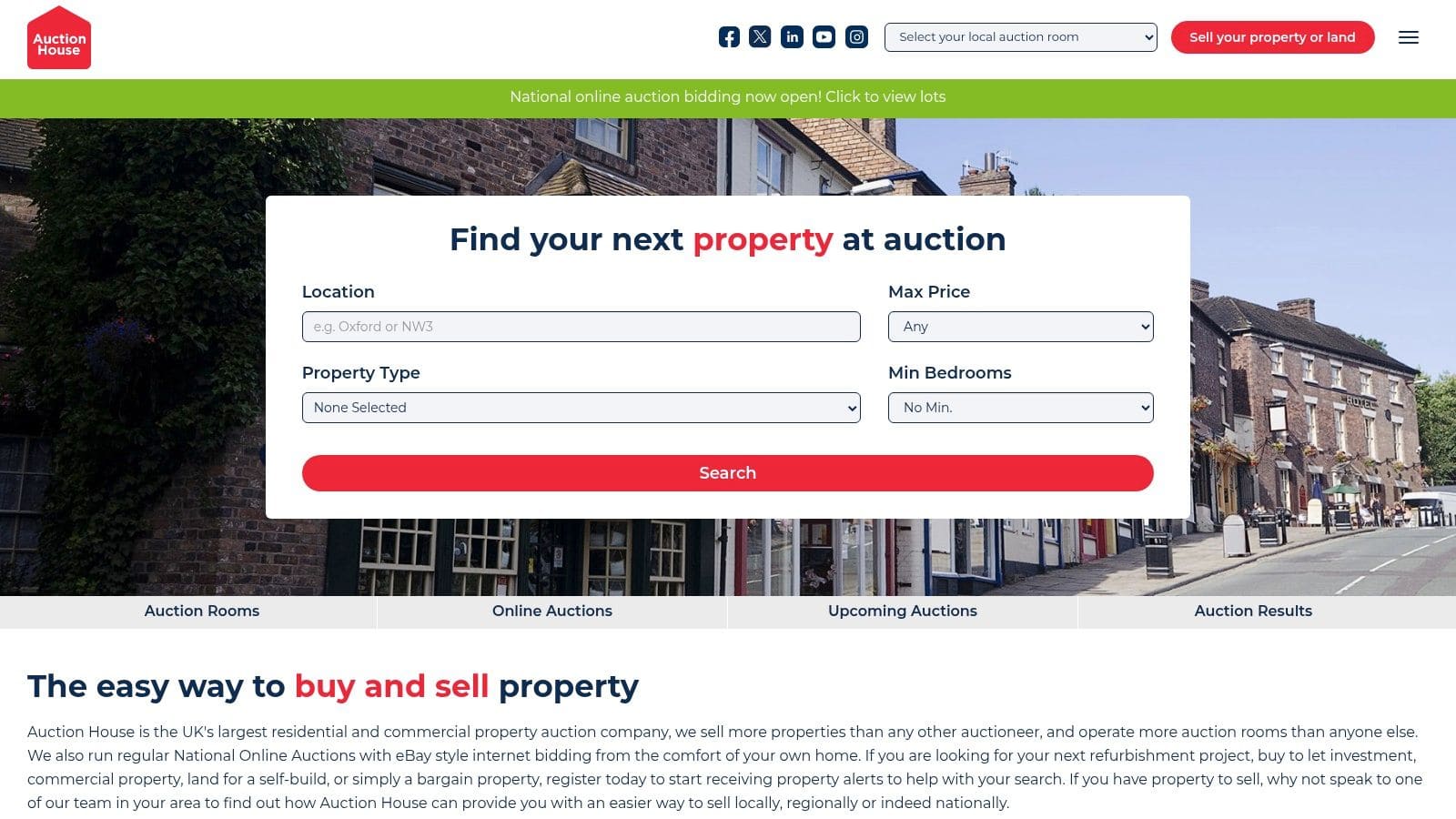 Auction House UK search interface showing regional property auction listings with interactive map and filter options
