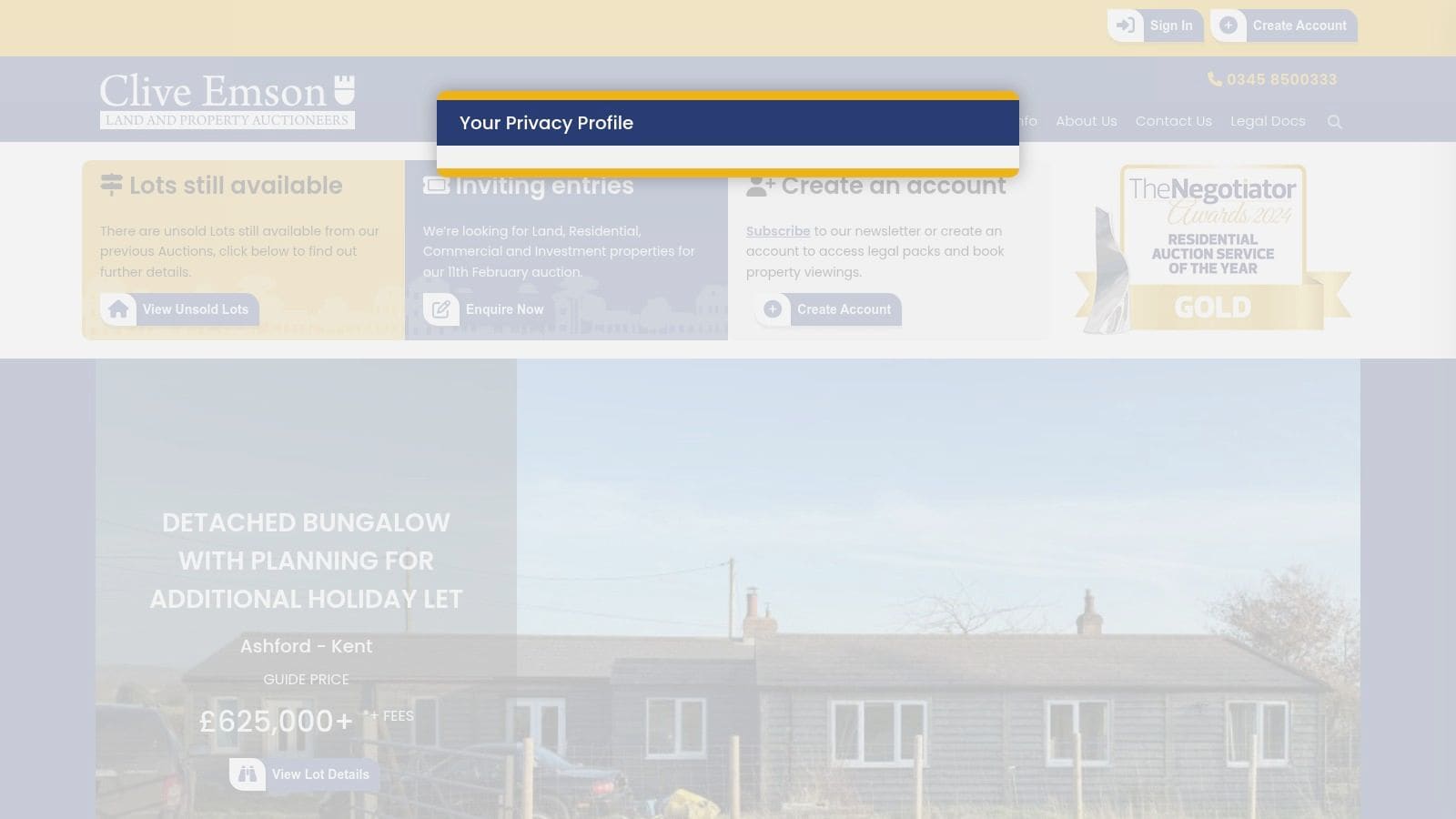 Clive Emson Land & Property Auctioneers website showing upcoming timed online auctions and property catalogue with southern England focus