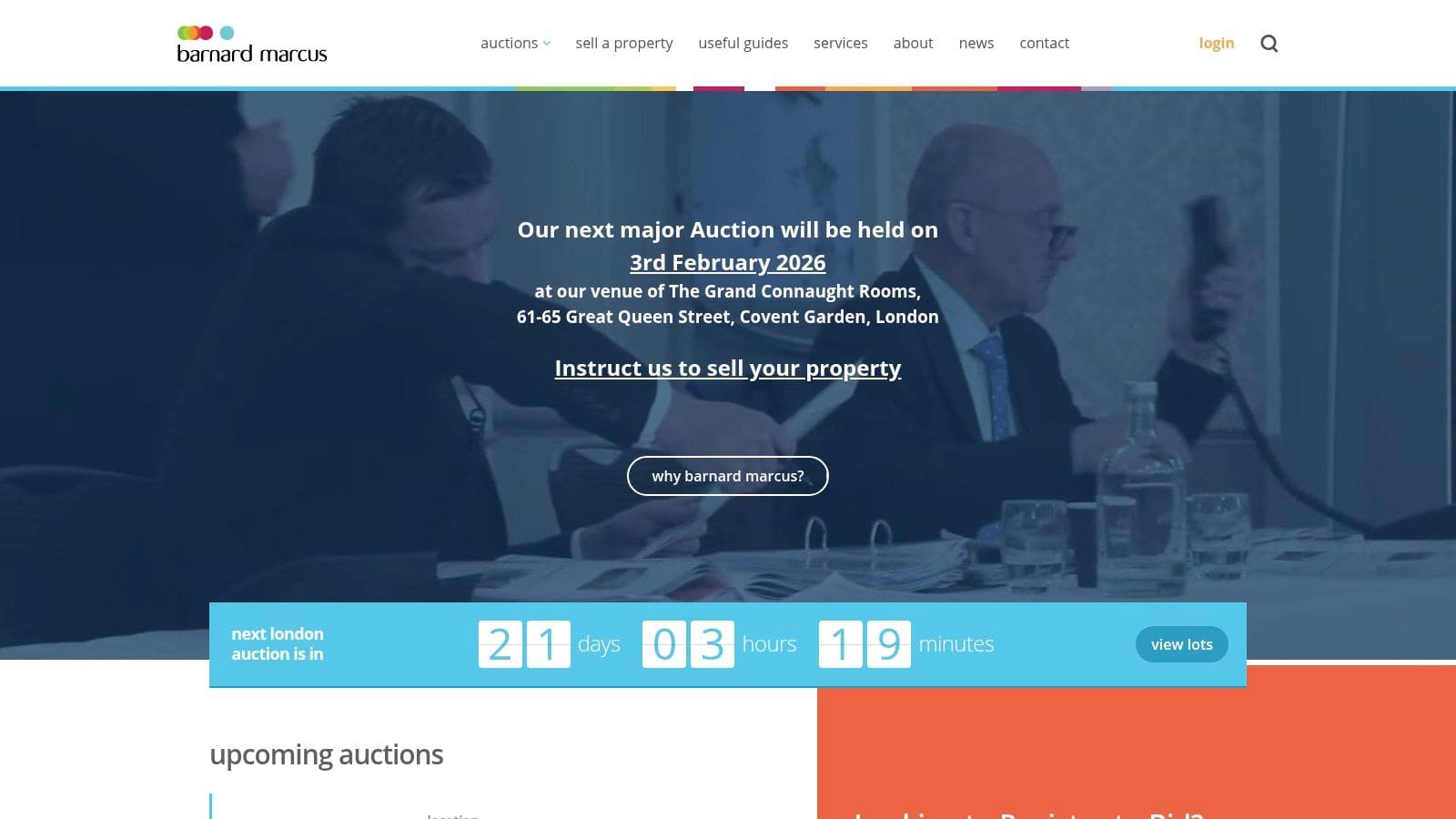 Barnard Marcus Auctions property catalog page showing London and South East residential and commercial lots with in-room and online bidding options