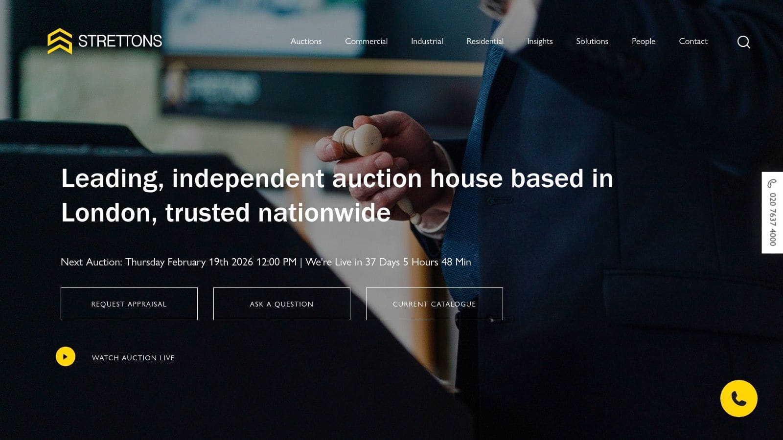 Strettons Auctions website featuring London-focused property auction listings with remote bidding capabilities and transparent fee structure