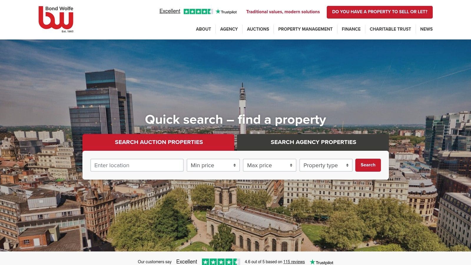 Bond Wolfe property auction search results showing Midlands-focused residential and commercial lots with live-streamed bidding details