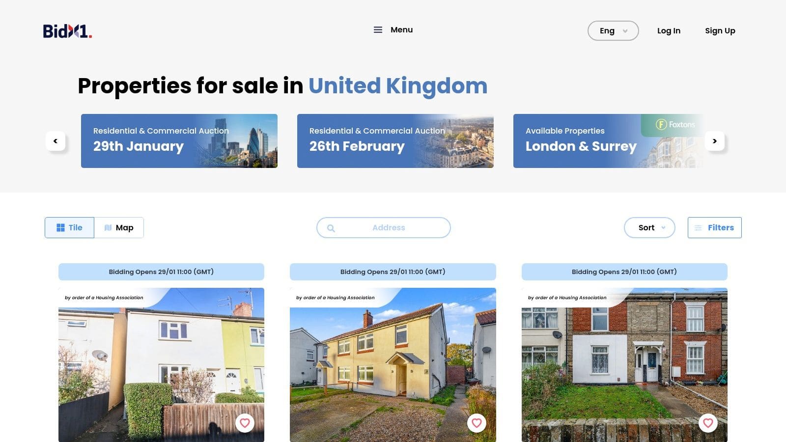 BidX1 UK online property auction platform displaying real-time bidding interface with national coverage of residential and commercial properties