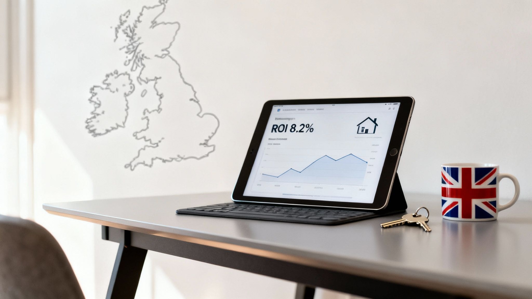 Tablet showing property ROI graph, with UK map, flag mug, and house keys on a desk