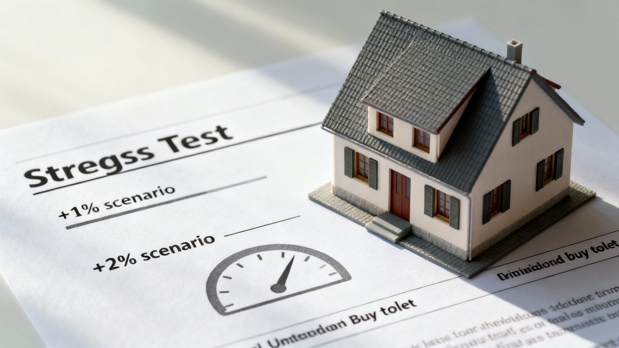 Miniature house on a 'Stress Test' document showing +1% and +2% financial scenarios