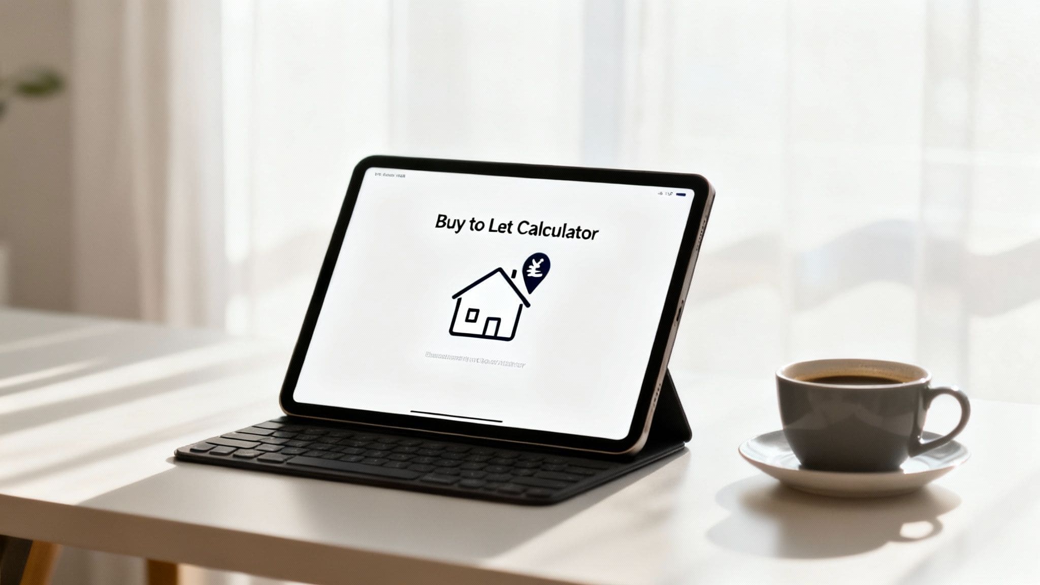 Tablet displaying a 'Buy to Let Calculator' app with a house icon, beside a coffee cup