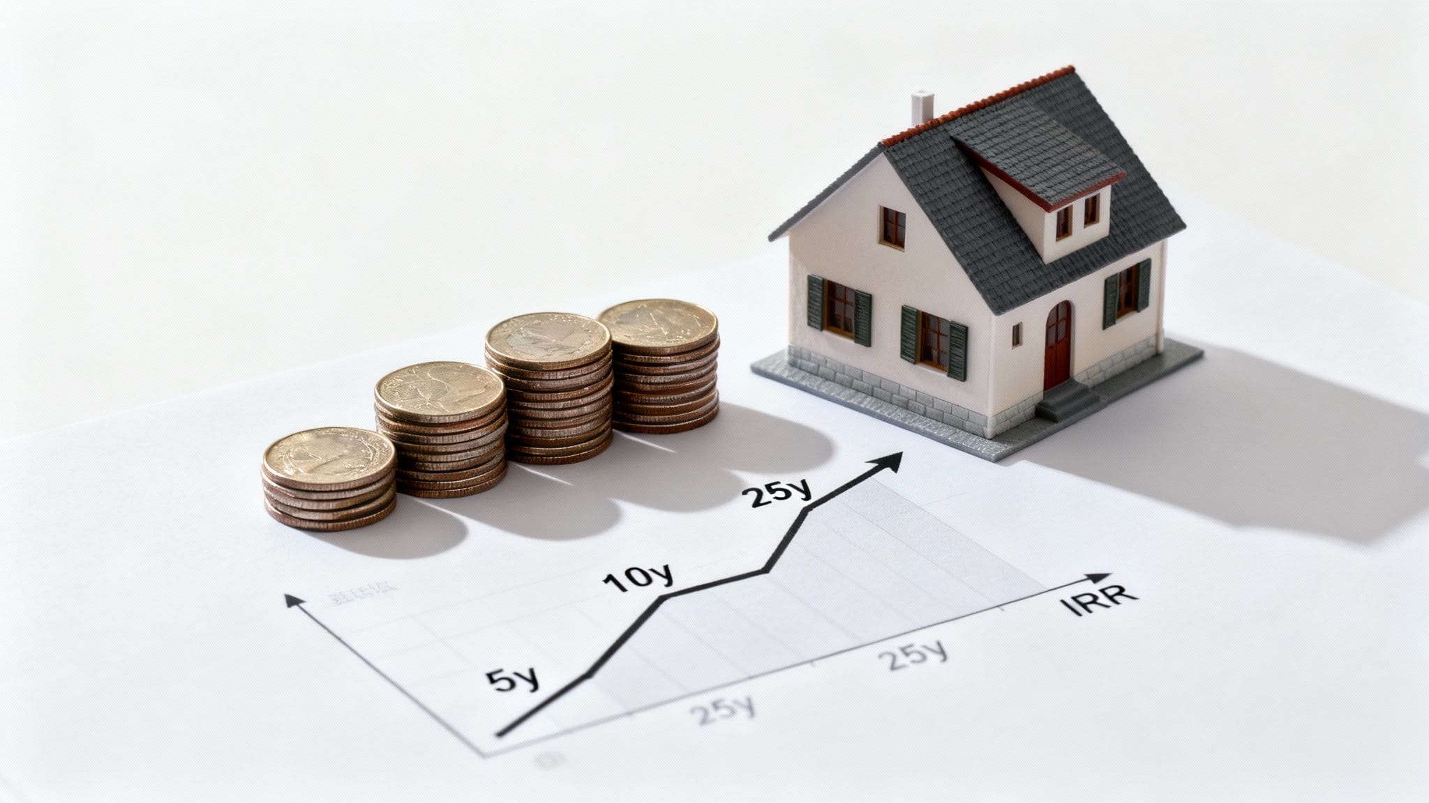 A model house, increasing stacks of coins, and a rising financial graph illustrate long-term investment growth