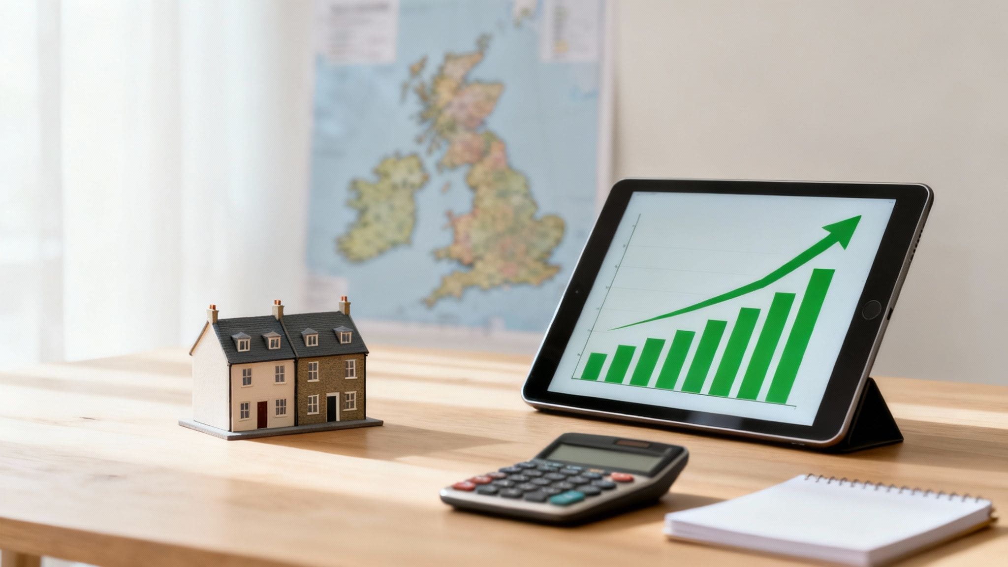Miniature houses, a tablet showing a rising green graph, and a calculator on a wooden table