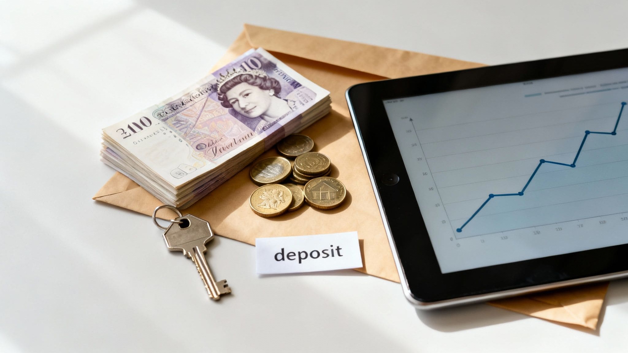 British pounds, coins, a house key, and a 'deposit' note next to a tablet displaying financial growth