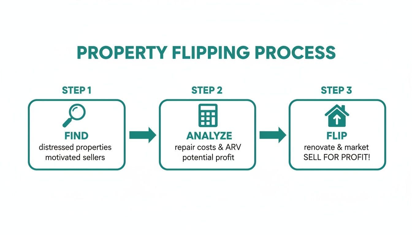 A three-step flowchart illustrating the property flipping process: find, analyze, and flip for profit