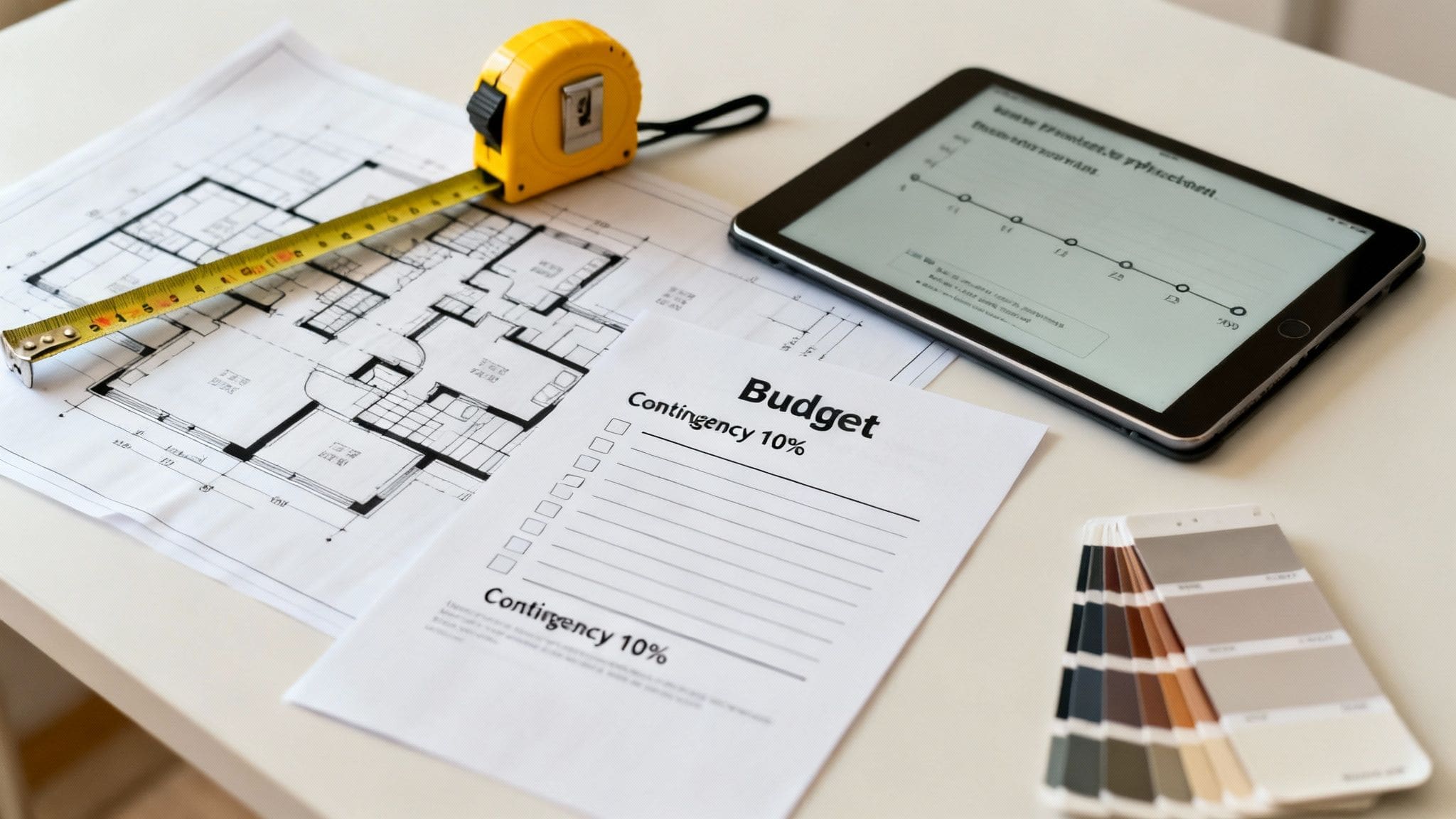 Architectural floor plans, tape measure, budget sheet, tablet, and color swatches for home renovation planning