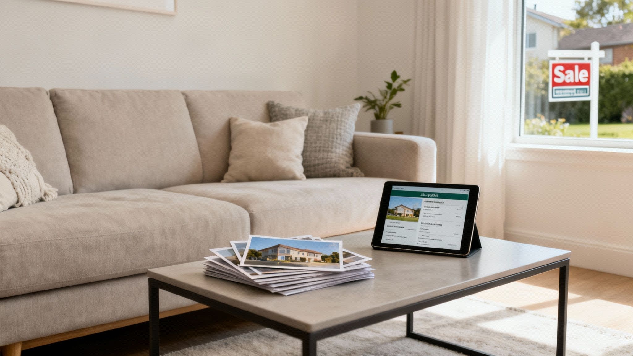A cozy living room with a tablet showing property listings and house photos on a coffee table, with a 'Sale' sign visible outside the window