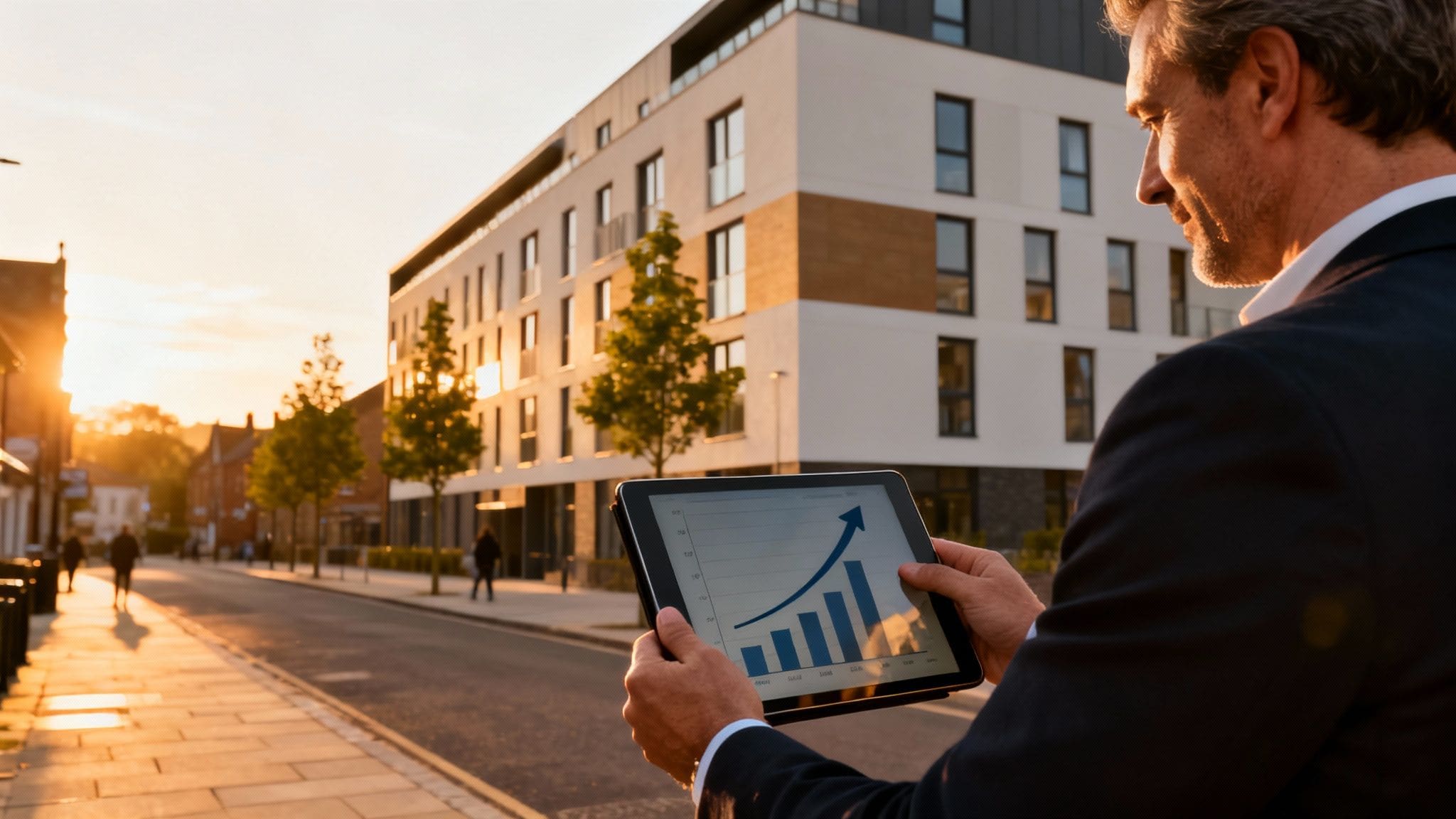 A man in a suit looks at a tablet displaying an upward trending bar chart on a city street at sunset