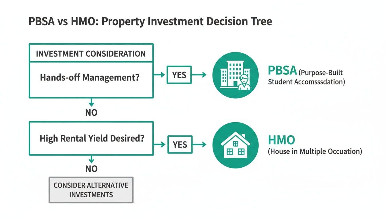 A property investment decision tree comparing PBSA and HMO based on hands-off management and high rental yield