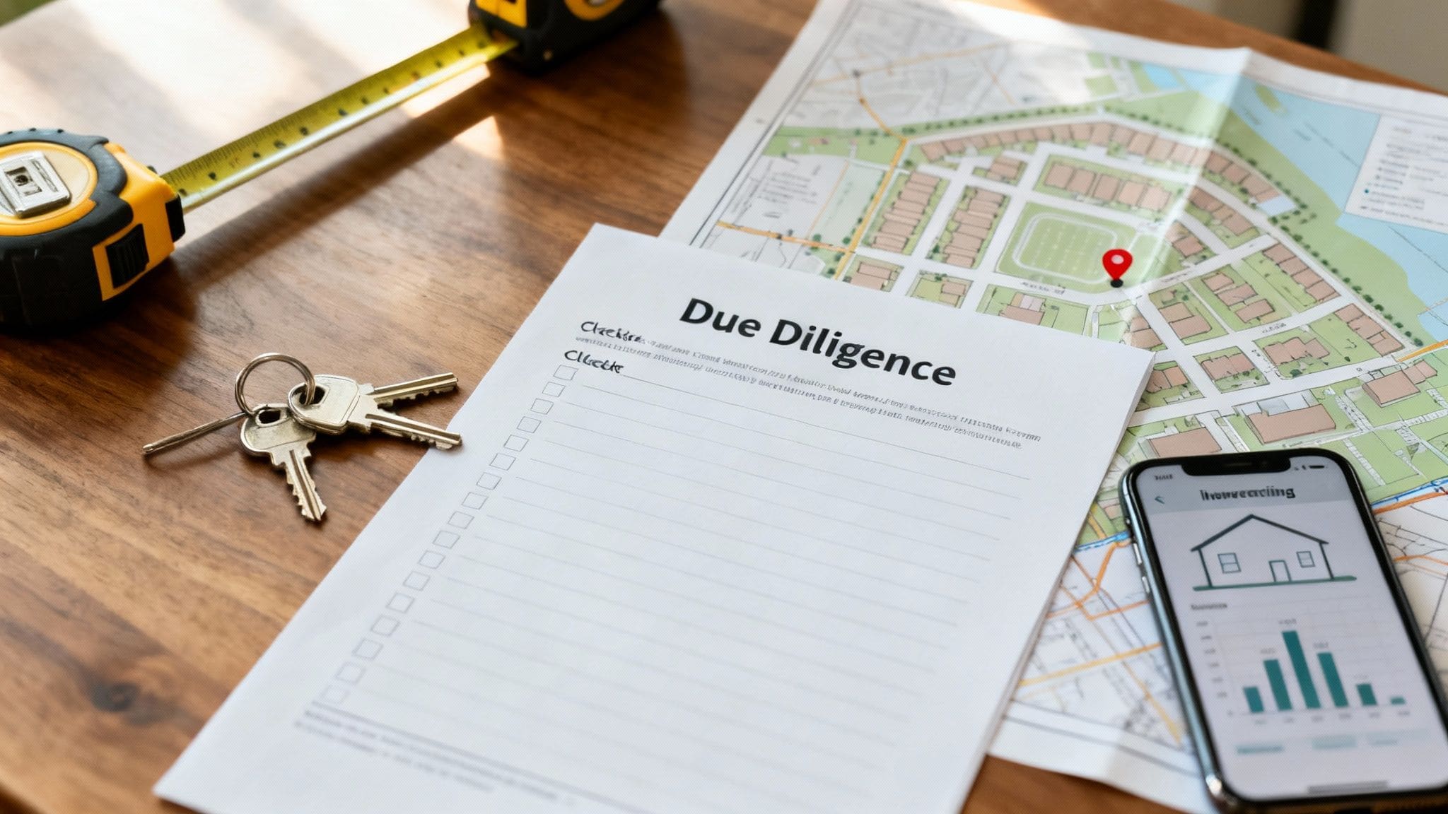 Desk with property due diligence checklist, house keys, map, tape measure, and a real estate app
