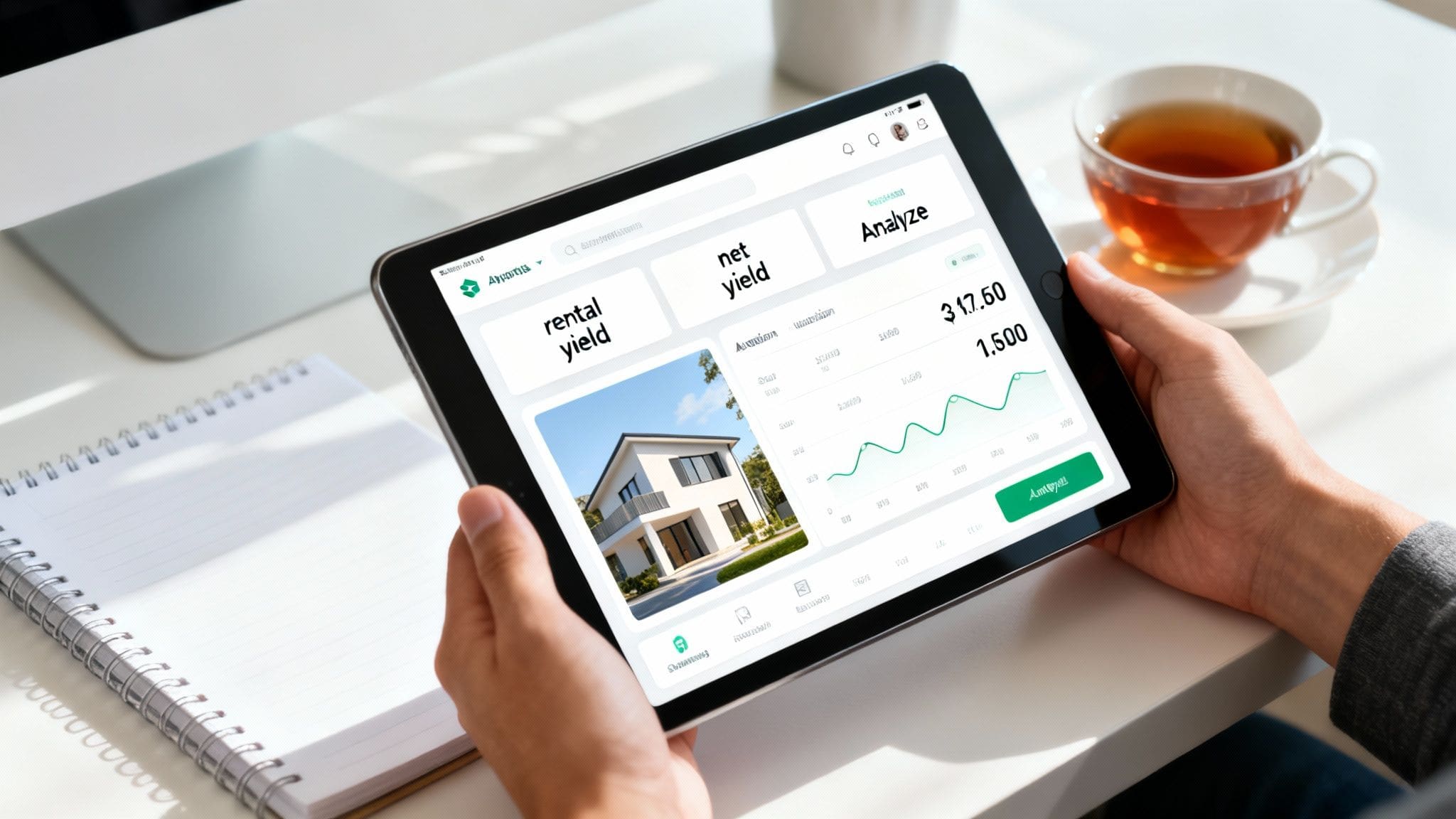 Person using tablet displaying property investment app with rental yield data and financial analysis graphs