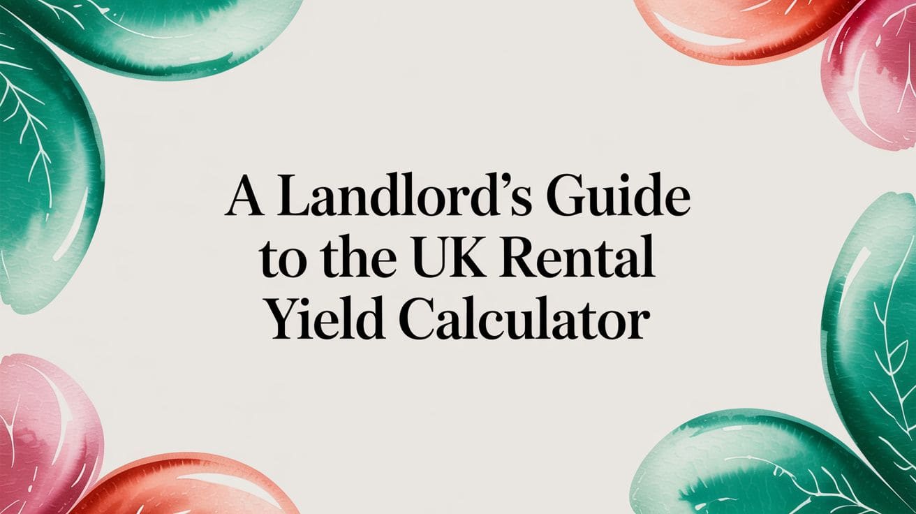 A laptop displays a UK rental yield calculator next to a Union Jack house model and notebook on a desk
