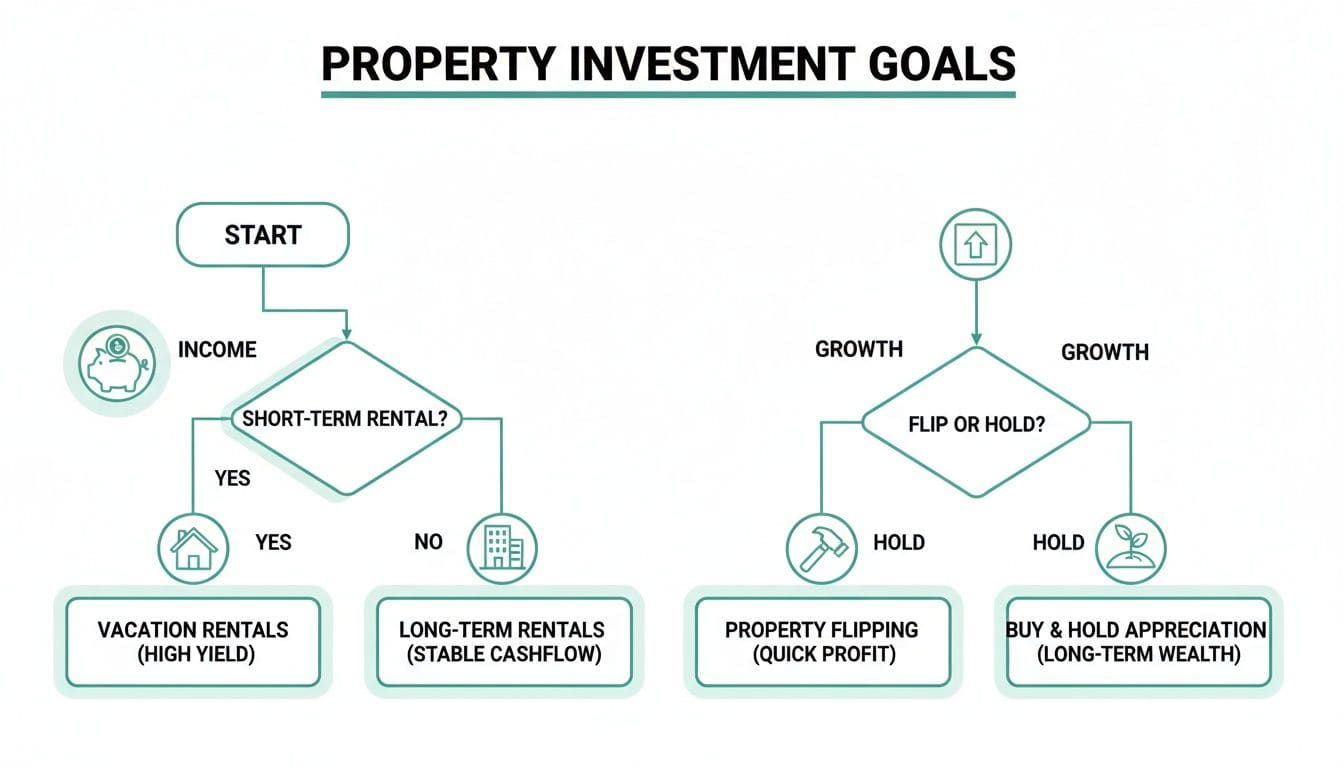 Flowchart illustrating property investment goals and strategies for both income generation and growth