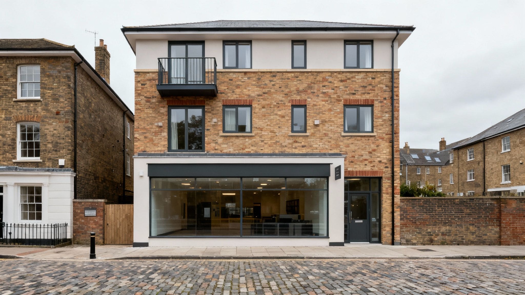 Modern mixed-use building with retail space on ground floor and residential apartments above on cobblestone street