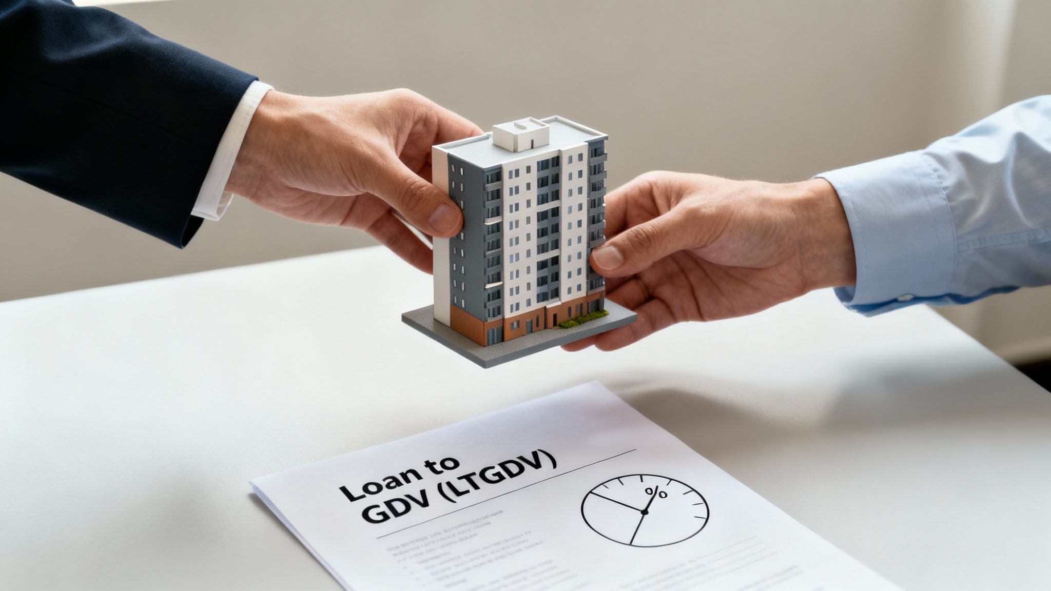 Property developer and lender reviewing loan to GDV calculations with development finance documents