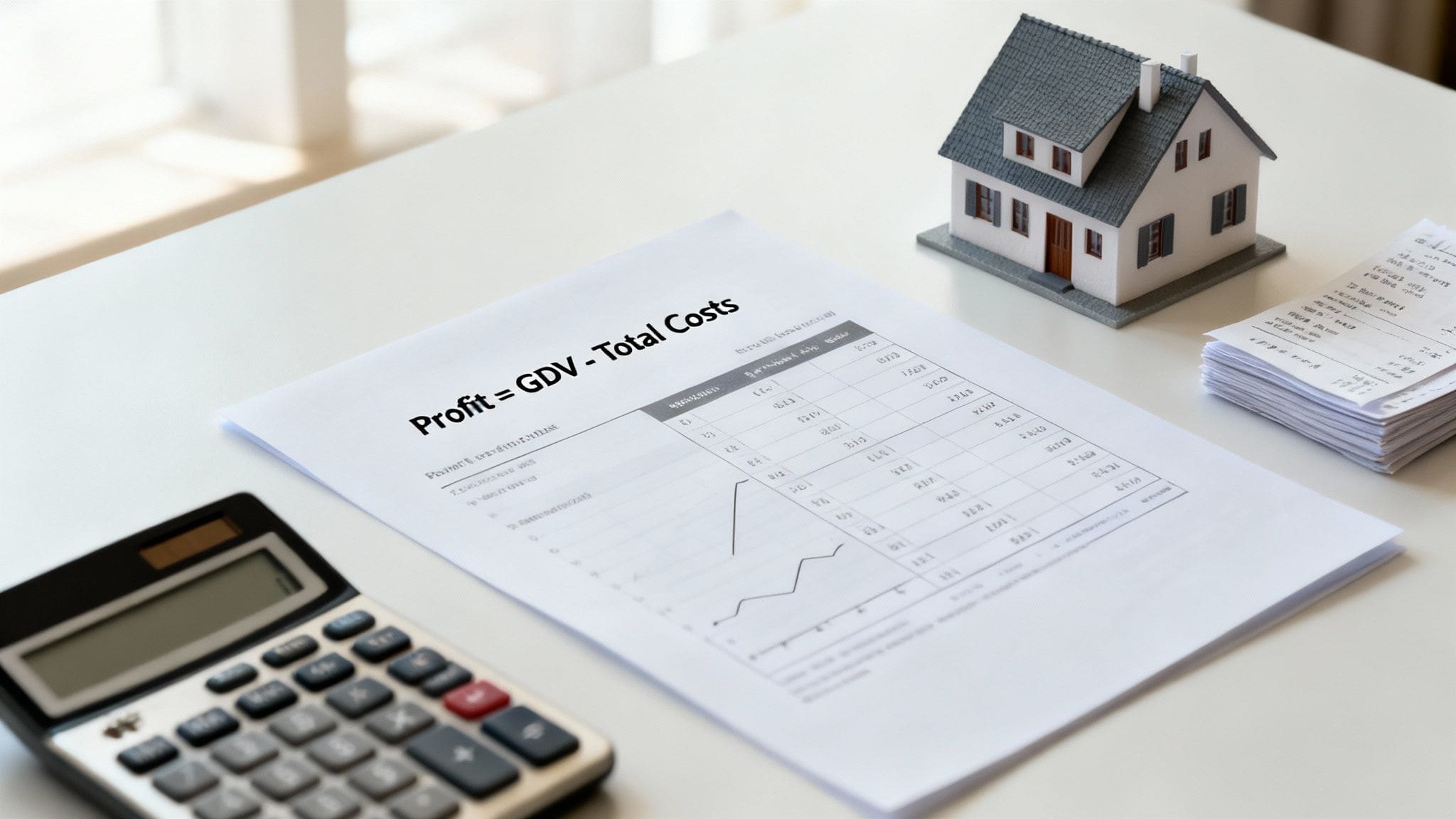 Property investment analysis showing profit calculations with GDV formula and financial projections