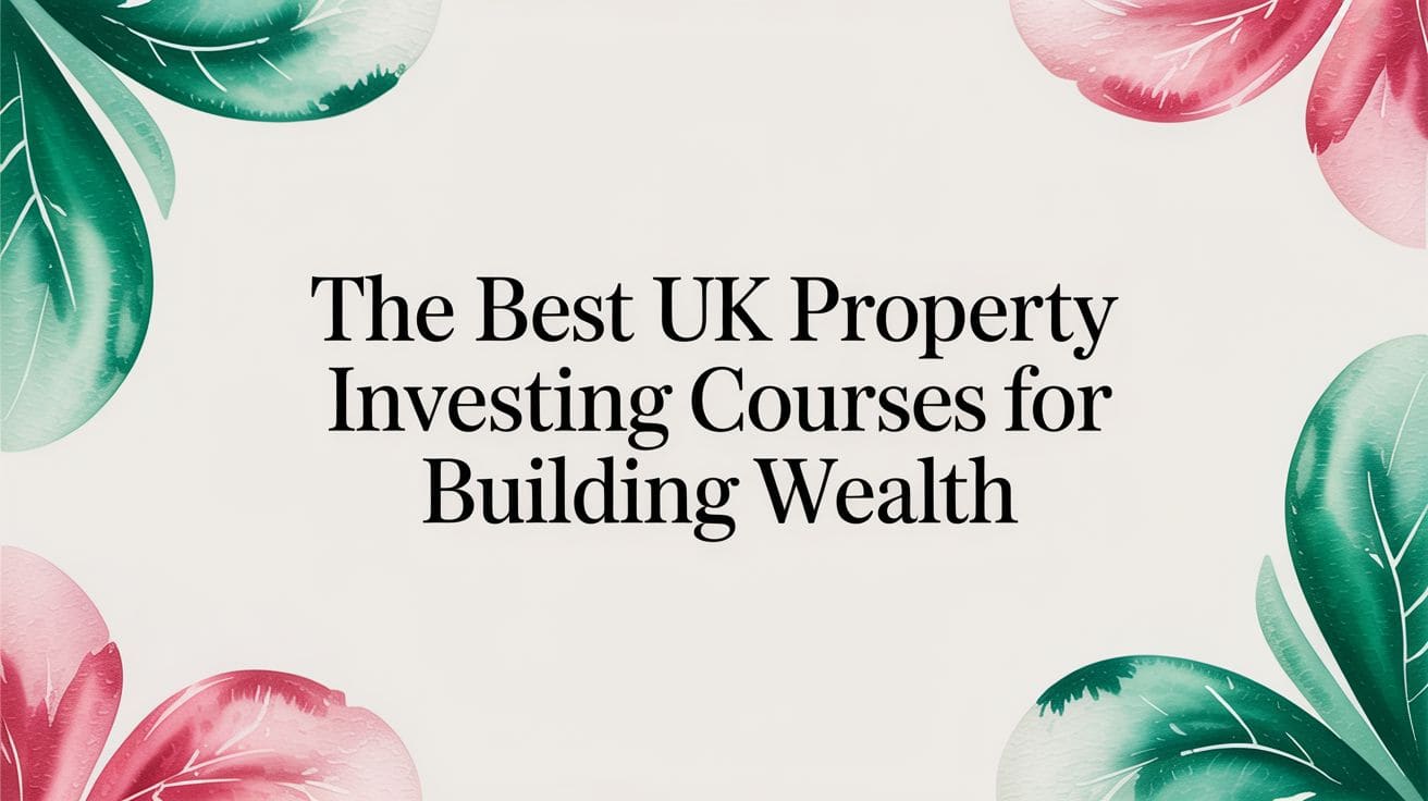 Professional workspace showing UK property investing course materials on laptop with brochures and city skyline view