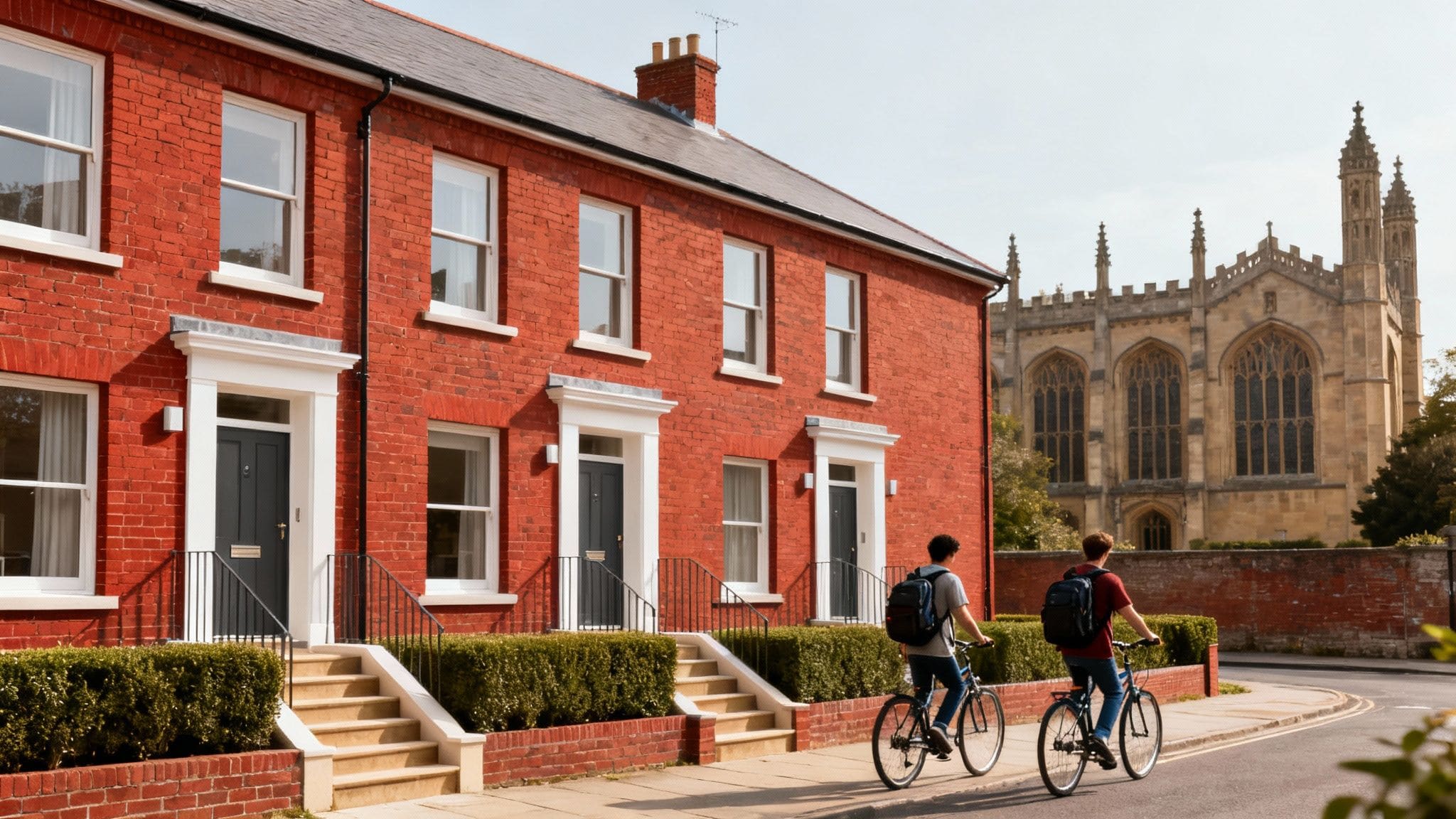 University students cycling past traditional red brick terraced houses near historic campus buildings
